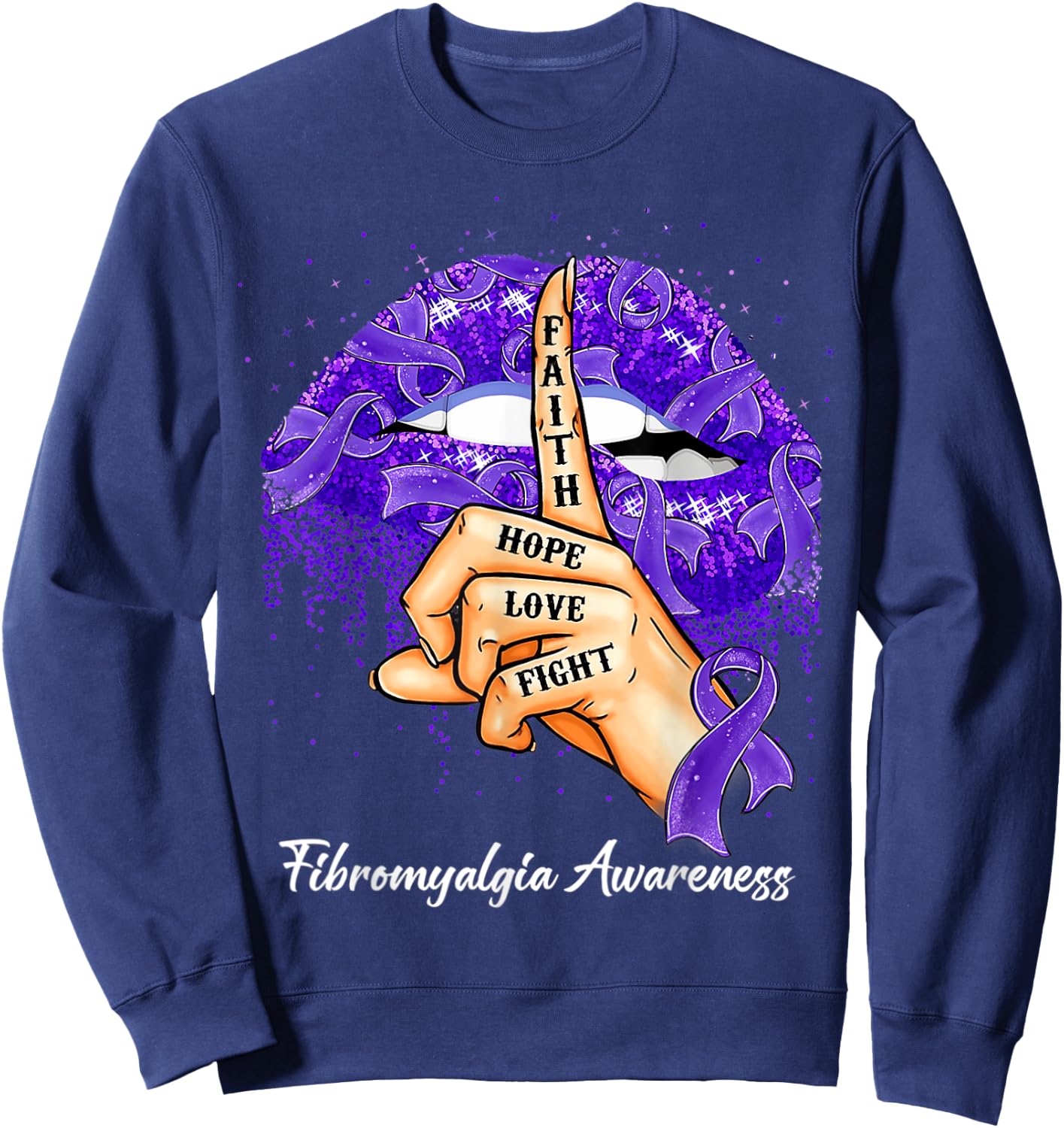Faith Hope Love Fight Purple Ribbon Fibromyalgia Awareness Sweatshirt - Sweatshirt | Navy