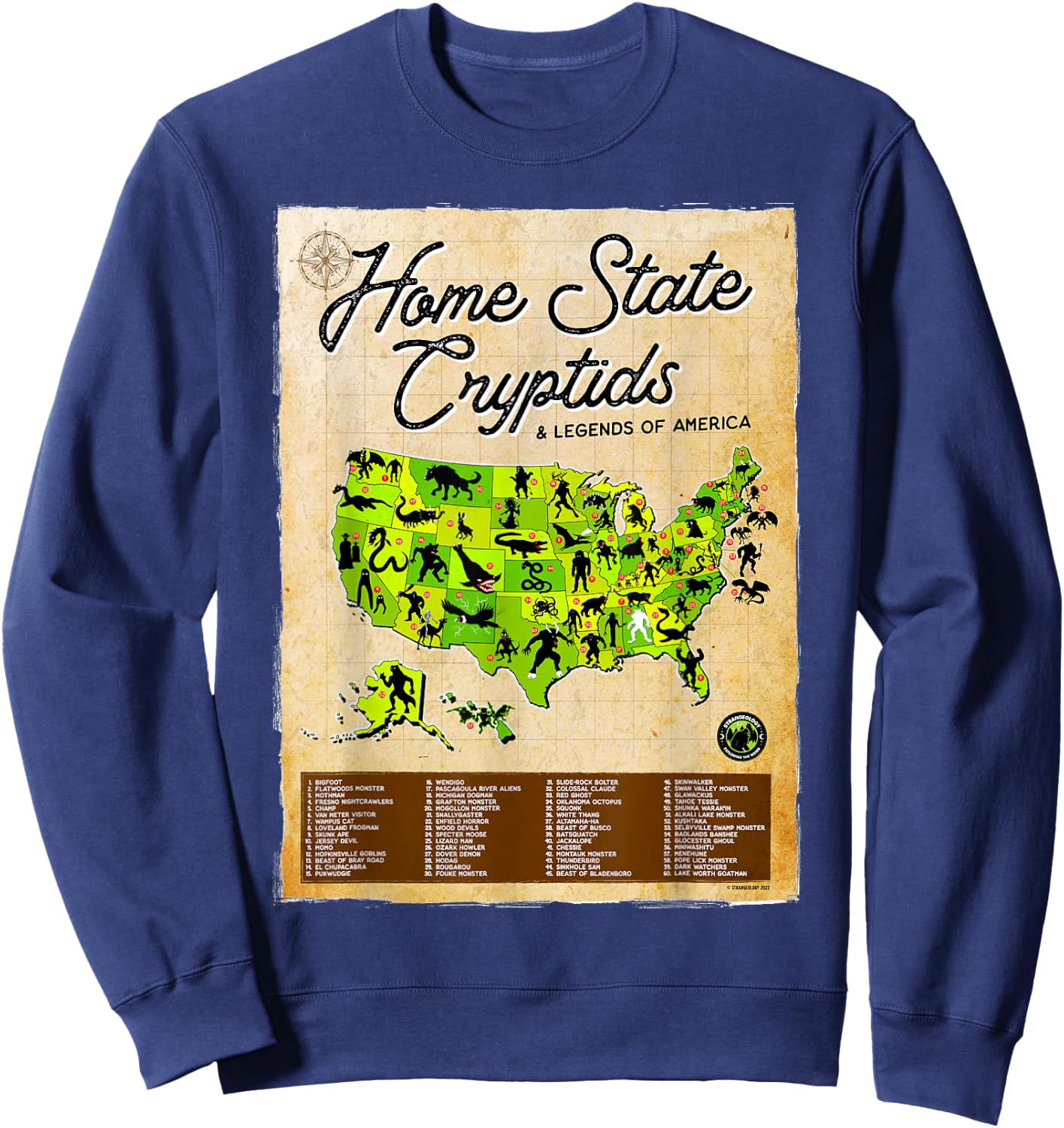 Home State Cryptids & Legends of America Cryptozoology Map Sweatshirt - Sweatshirt | Navy