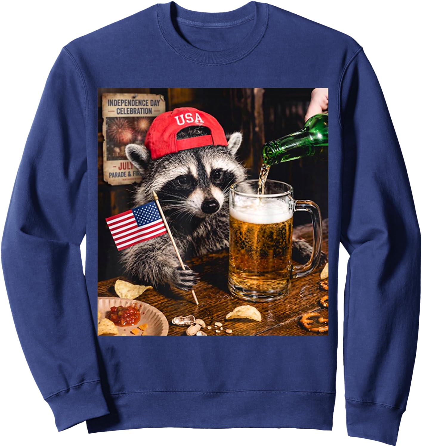 Funny Raccoon Drinking Beer Patriotic USA Flag 4th of July Sweatshirt - Sweatshirt | Navy