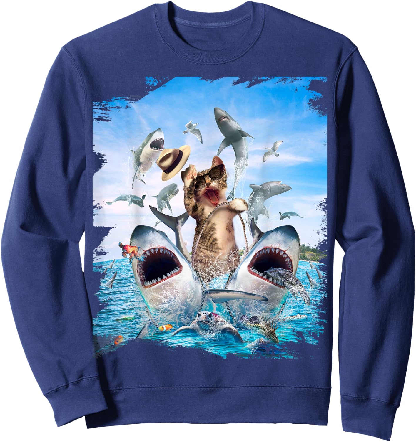 Cat Riding Shark, Beach Ocean Cats Sharks, Sunglasses Funny Sweatshirt - Sweatshirt | Navy