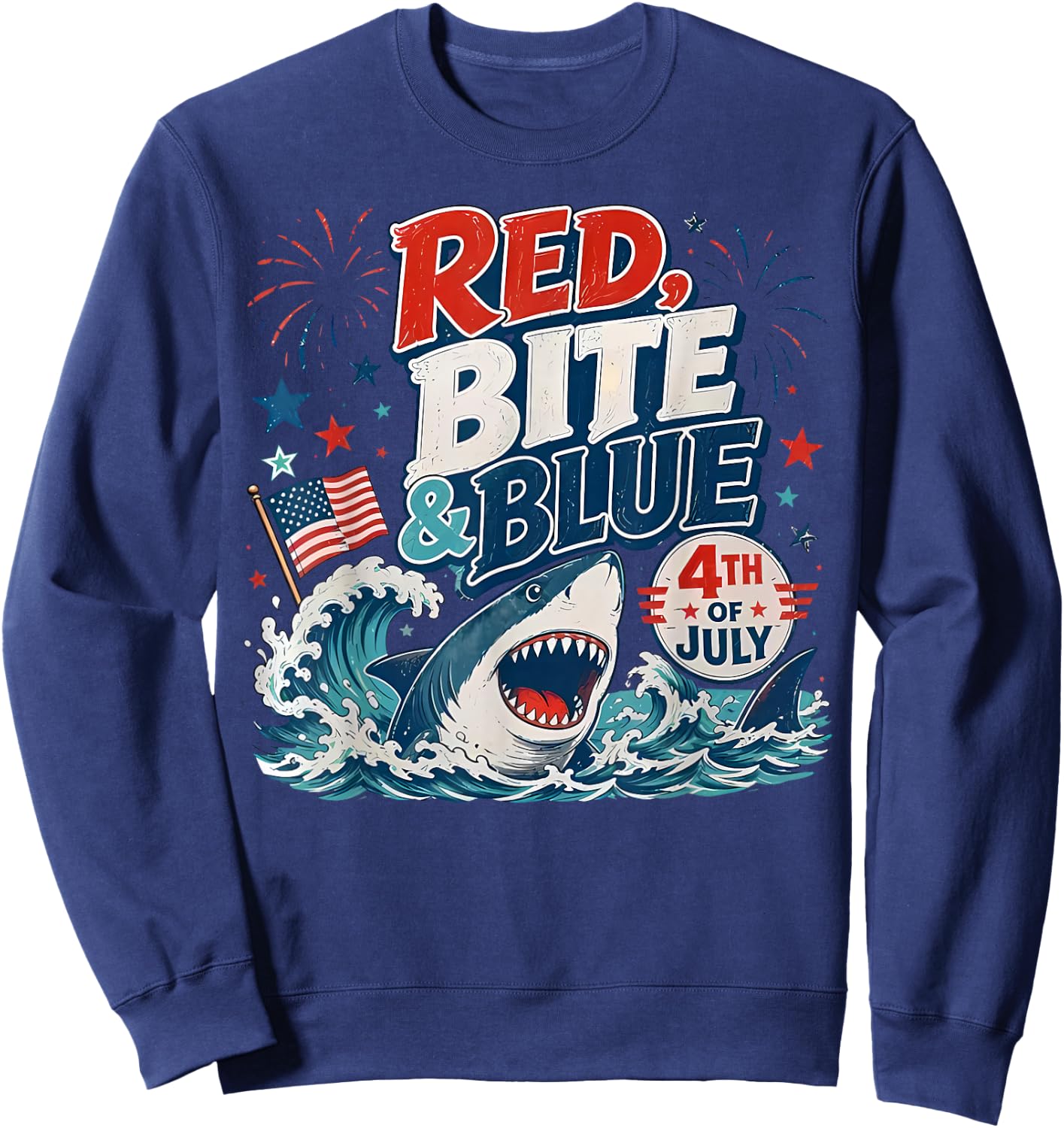 Red Bite & Blue Shark Funny 4th of July Patriotic Summer Sweatshirt - Sweatshirt | Navy