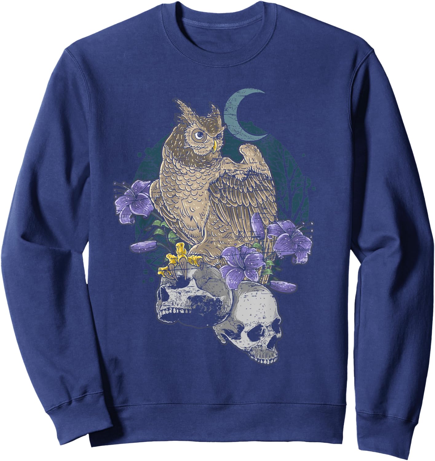 Owl on Skulls with Purple Flowers & Moon Distressed Design Sweatshirt - Sweatshirt | Navy
