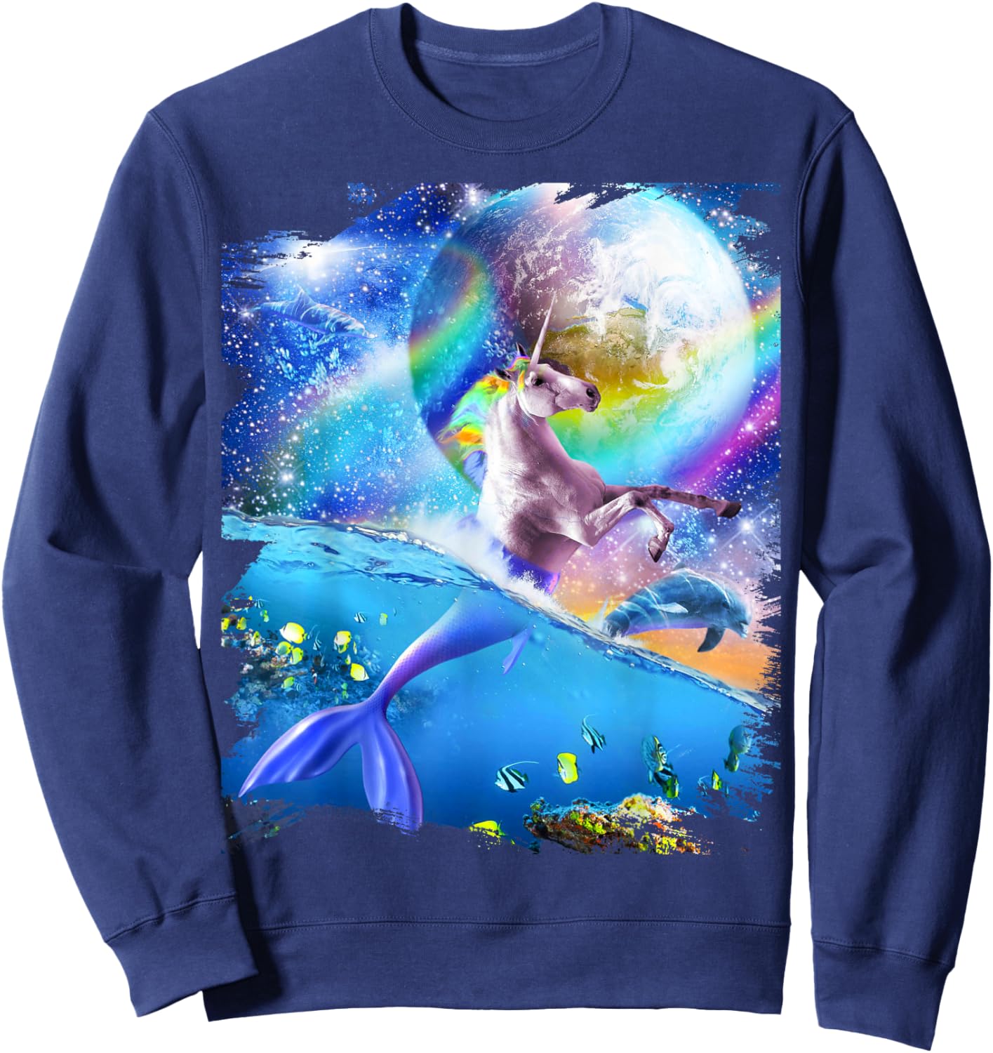 Rainbow Space Mermaid Unicorn, Mermicorn, Dolphin Sweatshirt - Sweatshirt | Navy