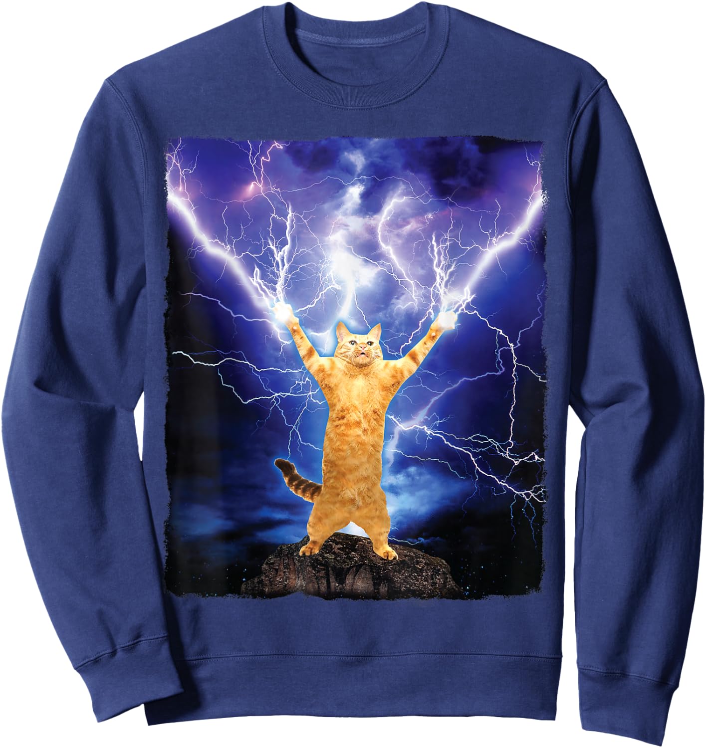 Cat Merch Funny Cat Lightning Thunderbolt On Mountain Sweatshirt - Sweatshirt | Navy