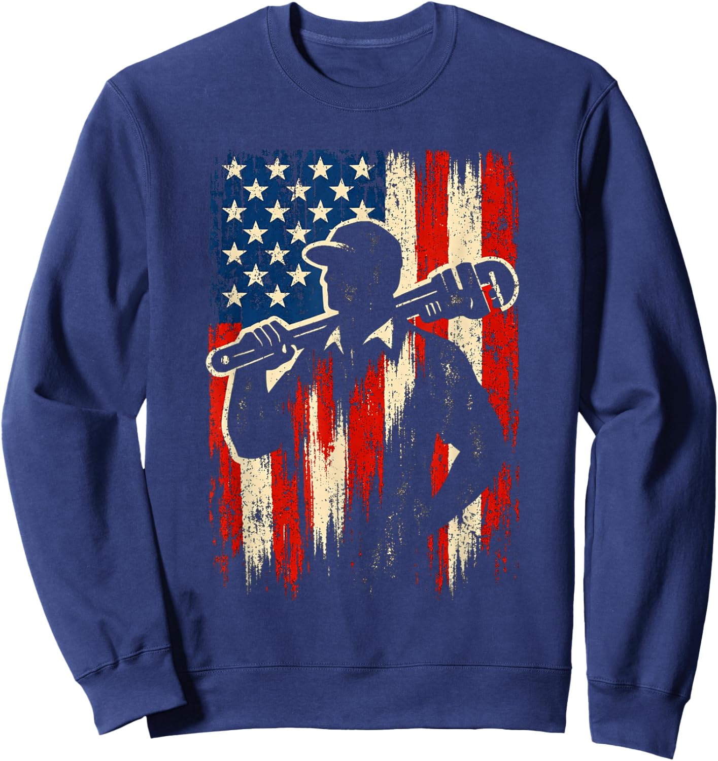 American Flag Plumber Pipefitter Silhouette Pipe Wrench Sweatshirt - Sweatshirt | Navy