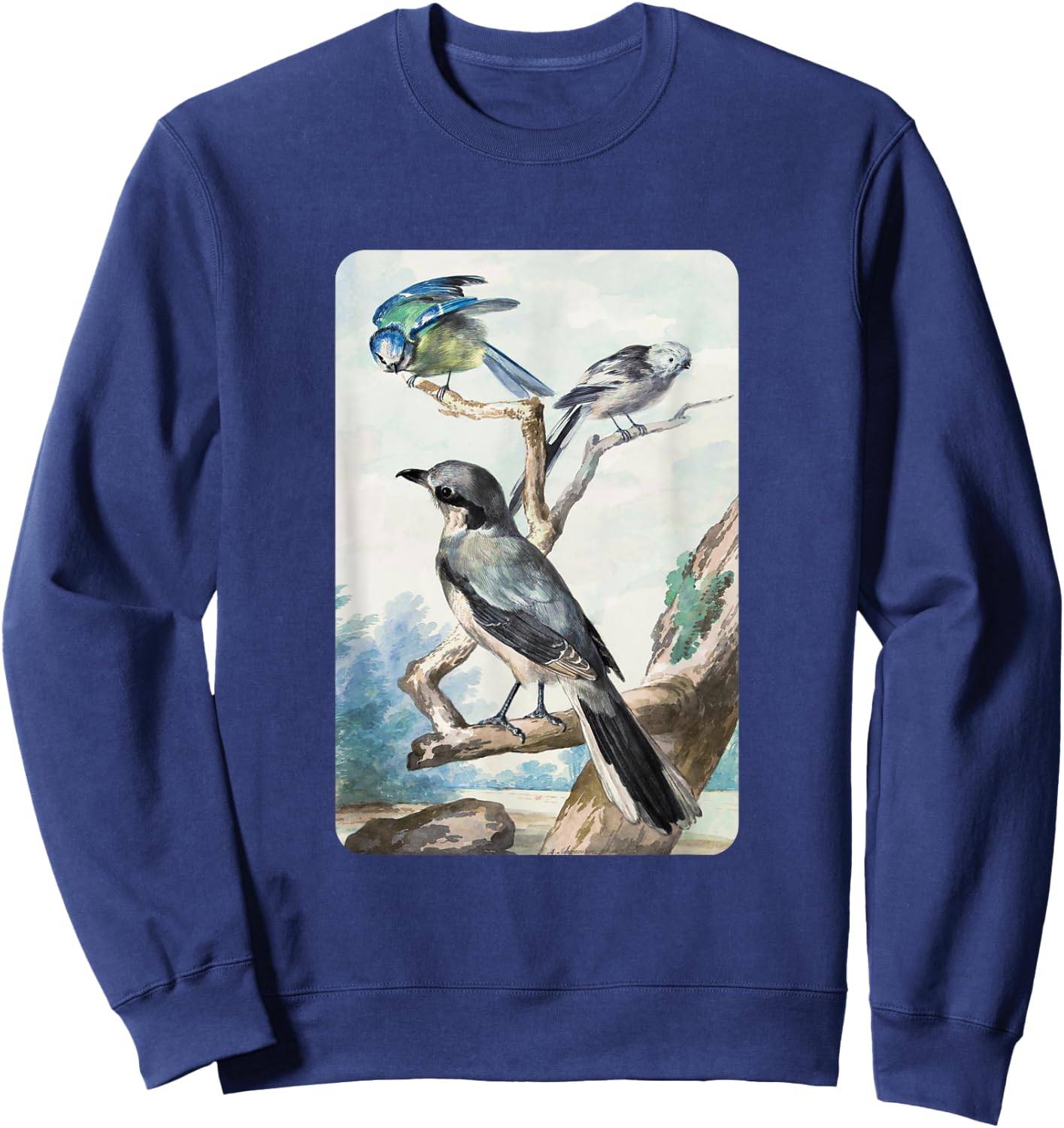 Long-tailed Tit Blue Tit and Great Shrike By Aert Schouman Sweatshirt - Sweatshirt | Navy