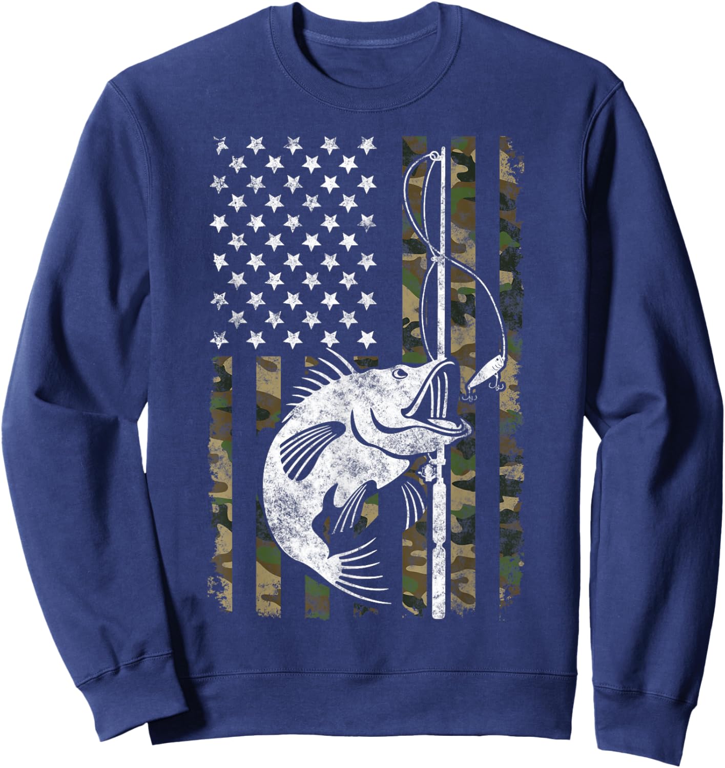 Camouflage American Flag Bass Fishing Gift Fisherman Sweatshirt - Sweatshirt | Navy