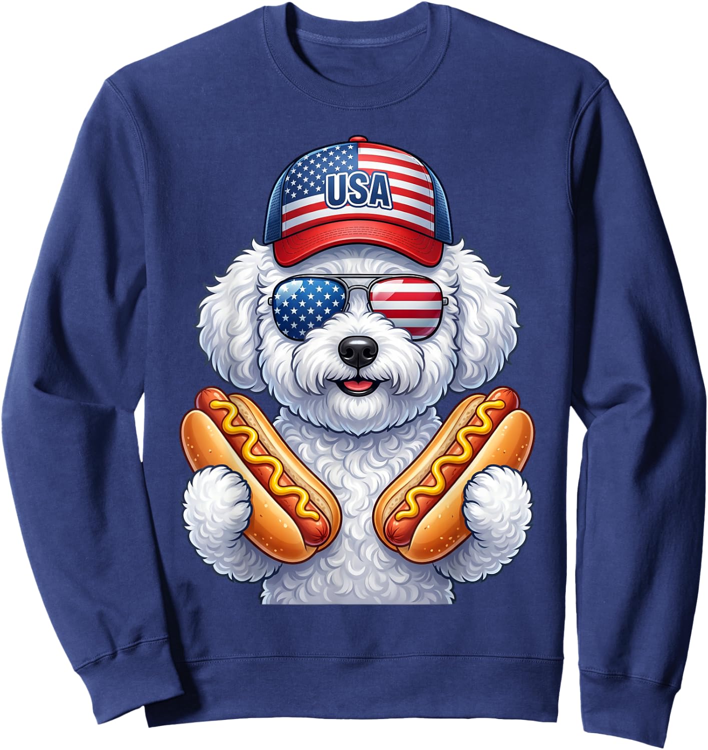 4th of July Hotdog Bichon Frise Funny Patriotic USA Flag Sweatshirt - Sweatshirt | Navy