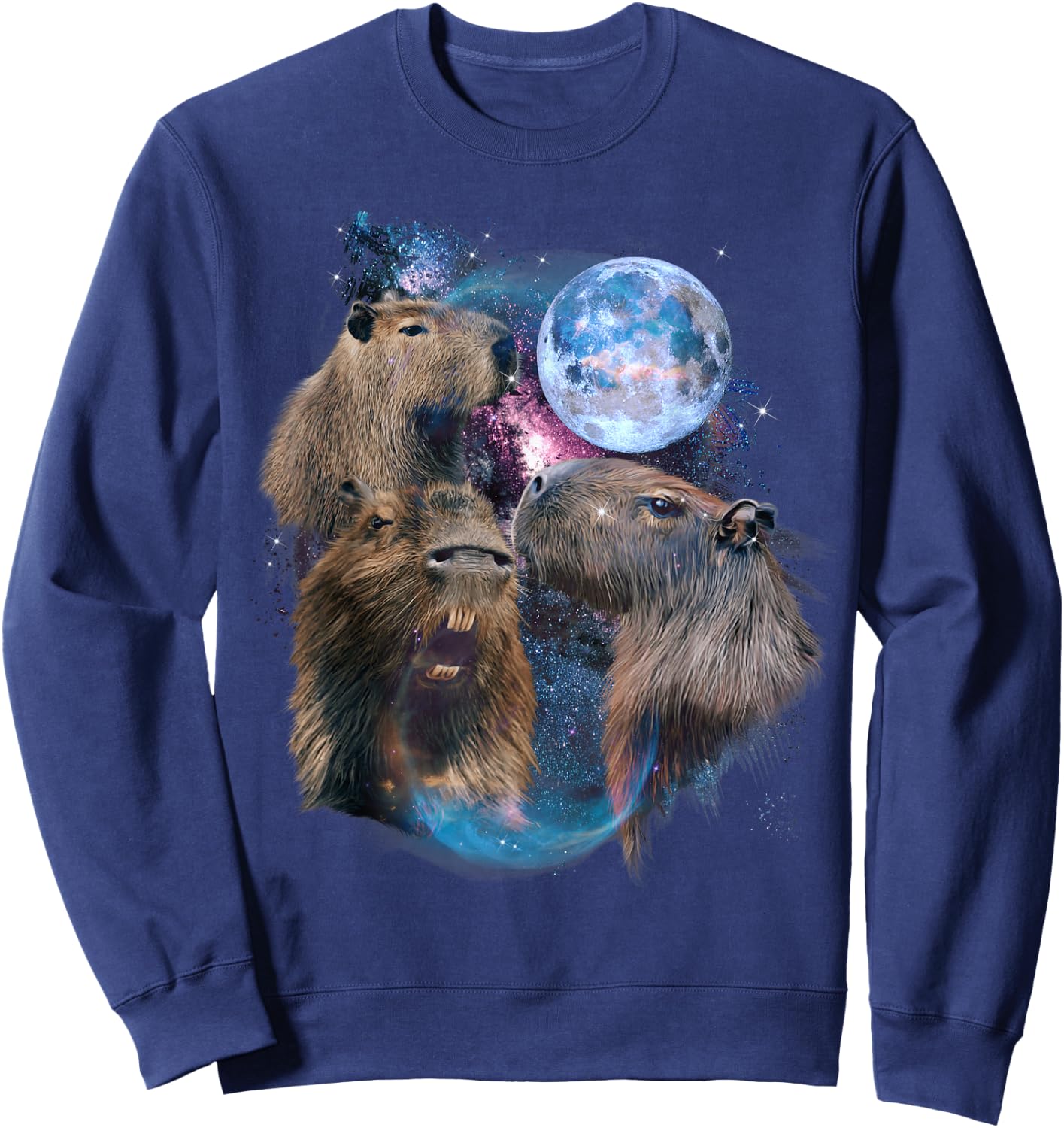 3 Moon Capybara Funny Capibara Rodent Animal Lover Humor Short Sleeve Sweatshirt - Sweatshirt | Navy