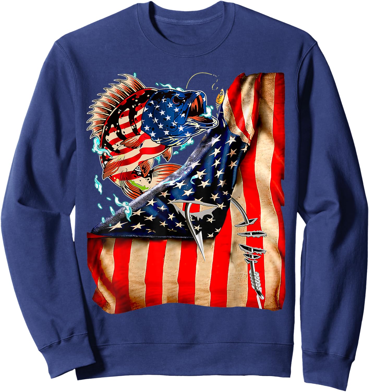 FUNNY 4th of JULY FISHING Fish American Flag ON BACK 98 Sweatshirt - Sweatshirt | Navy