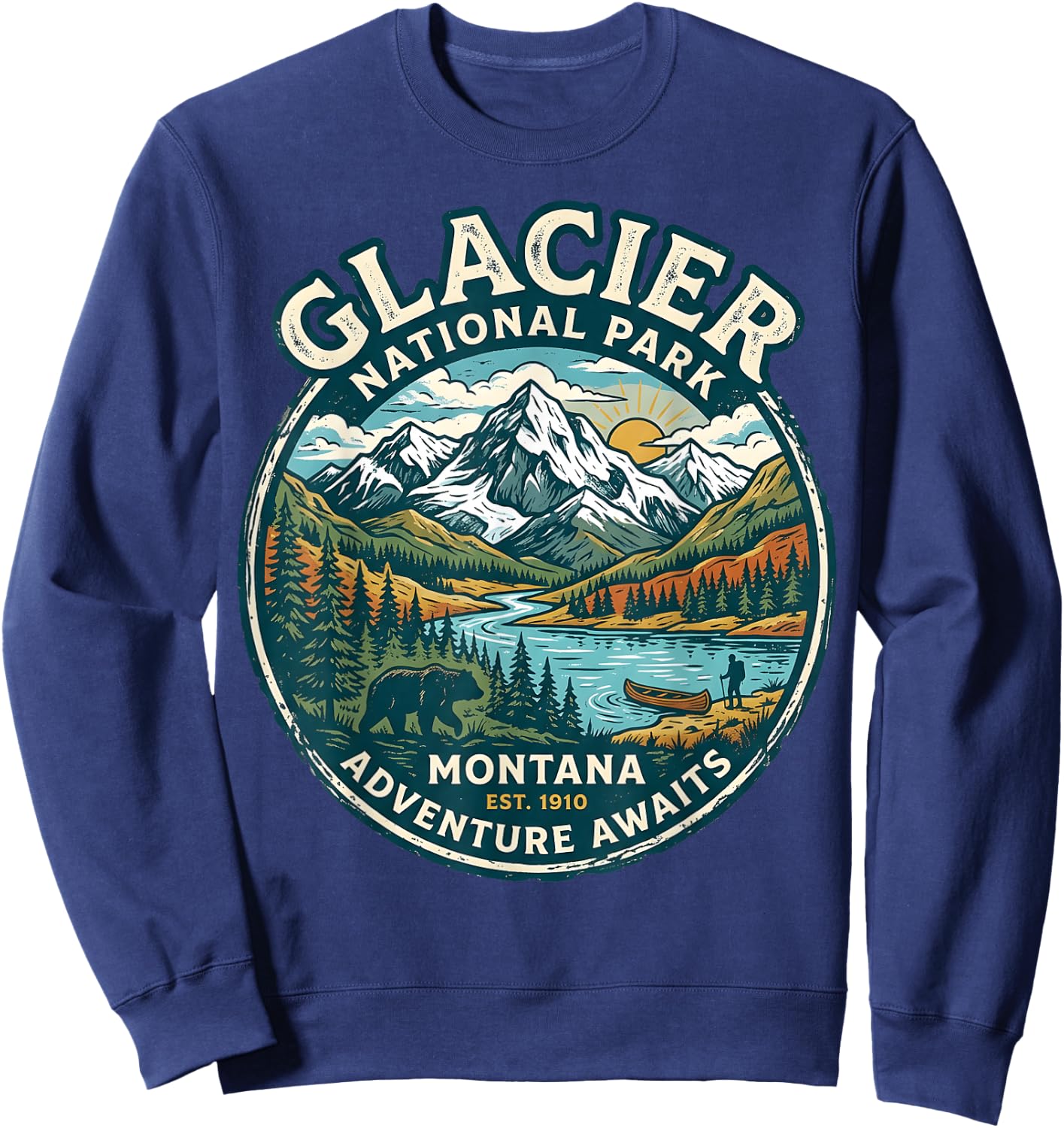 Glacier National Park Montana Retro Nature Adventure Badge Sweatshirt - Sweatshirt | Navy