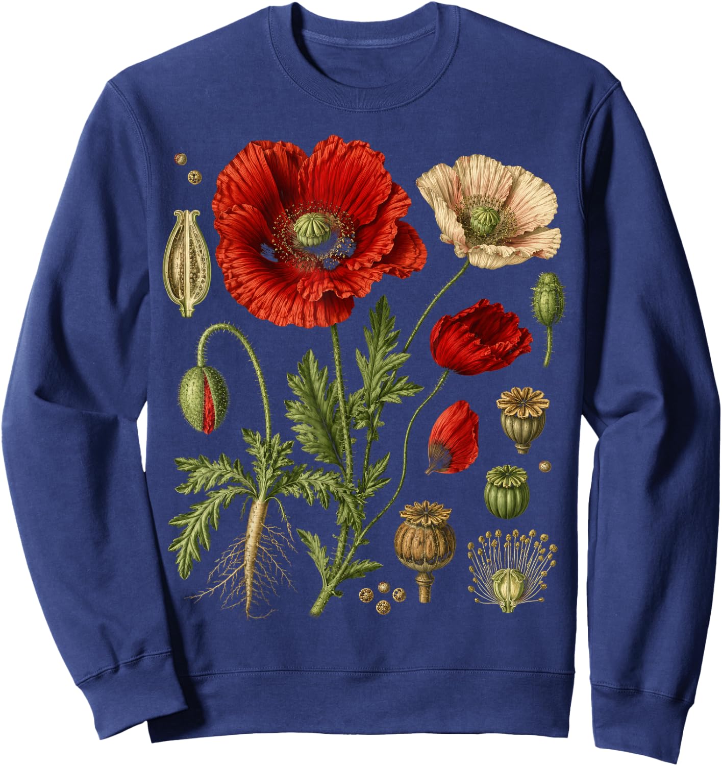 Vintage Botanical Red Poppy Flower Study Sweatshirt - Sweatshirt | Navy