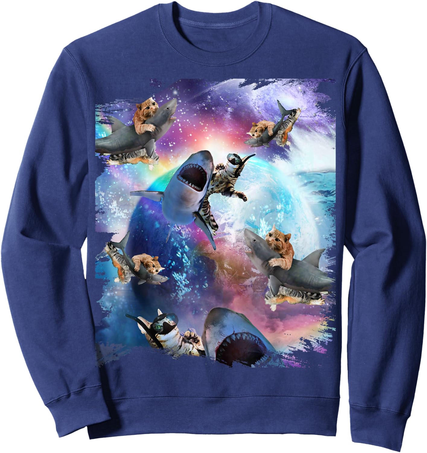 Space Cat Riding Shark Galaxy Rainbow Cats on Sharks Women Kids Sweatshirt - Sweatshirt | Navy