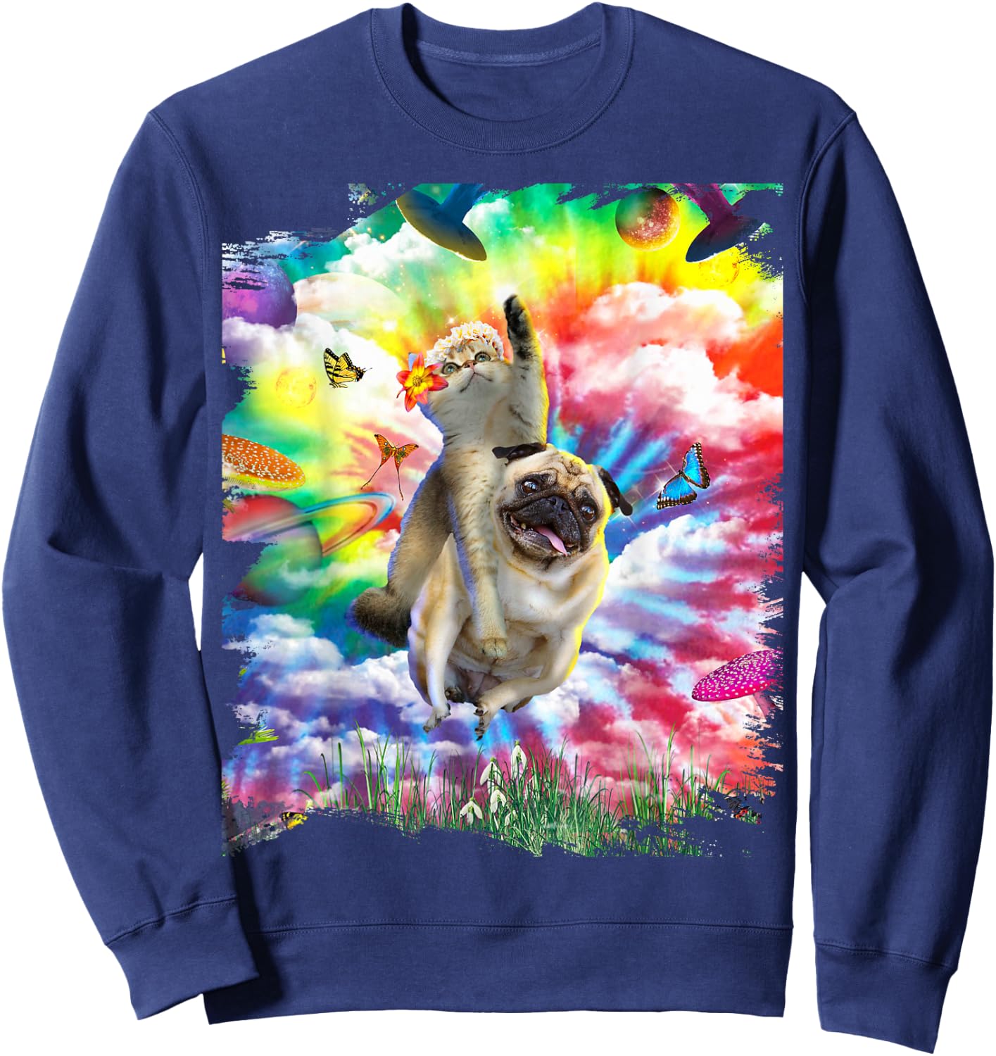 Cat Riding Pug Dog Trippy Tie Dye Men Women Girls Kids Sweatshirt - Sweatshirt | Navy