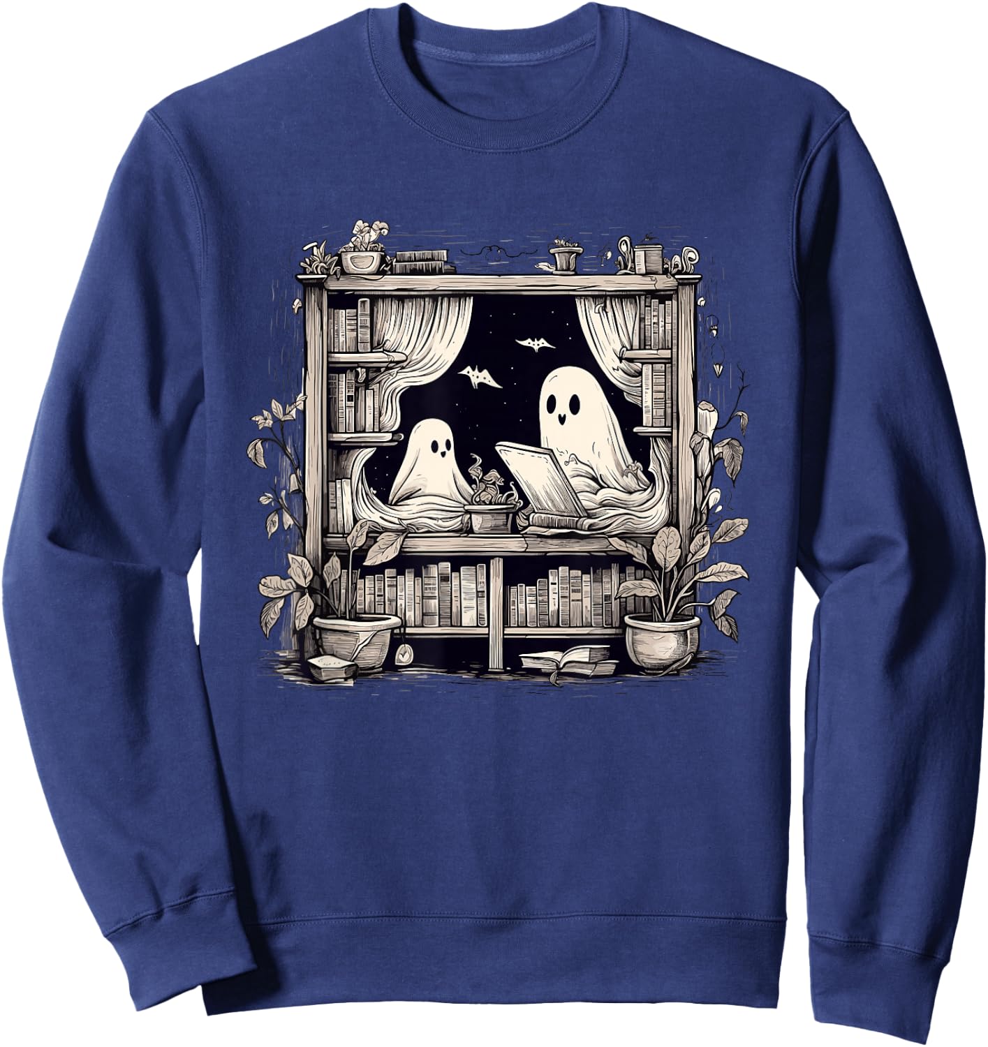 Spooky Ghosts Reading Books Library Bookworm Retro Bookish Sweatshirt - Sweatshirt | Navy