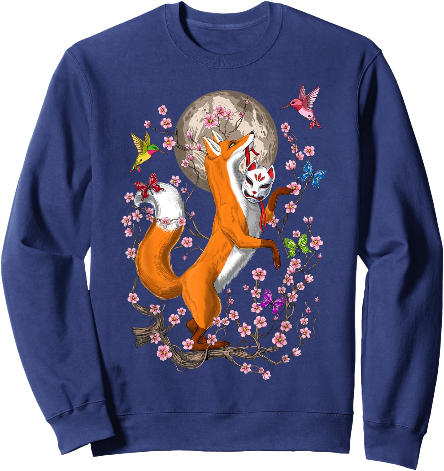 Japanese Fox Kitsune Nine Tailed Fox Cherry Blossom Small Sweatshirt - Sweatshirt | Navy