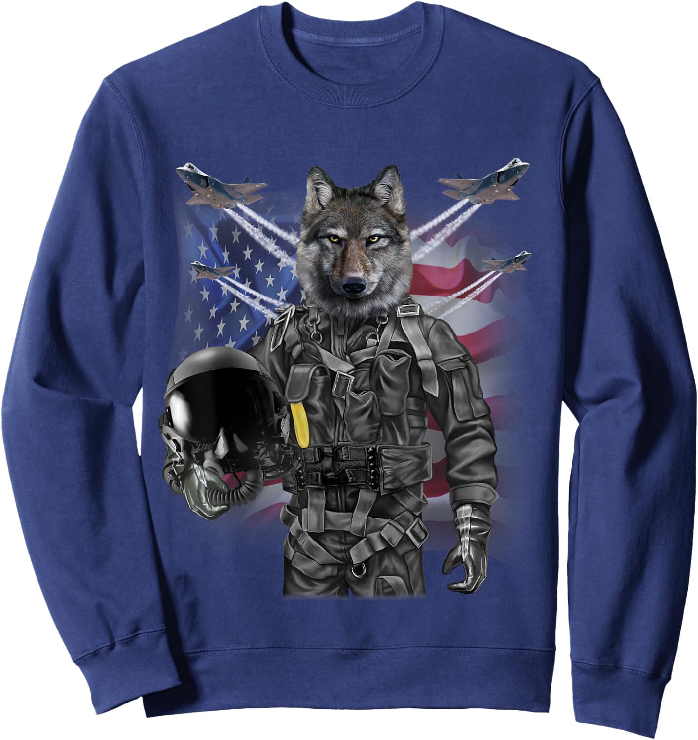 Patriotic Wolf Fighter Pilot American Flag Military Sweatshirt - Sweatshirt | Navy