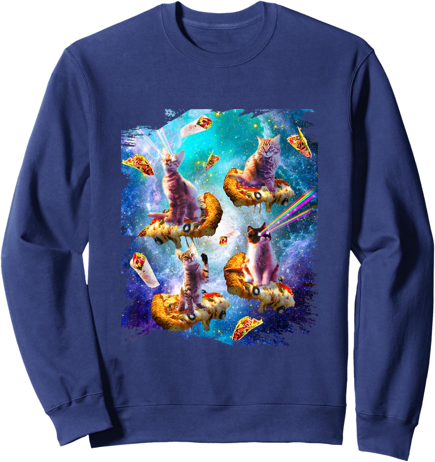 Space cats with rainbow laser eyes riding pizza Sweatshirt - Sweatshirt | Navy