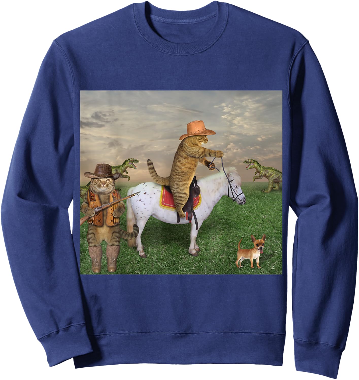 Cat on a Horse in a Cowboy Hat Dinosaurs in Background Funny Sweatshirt - Sweatshirt | Navy