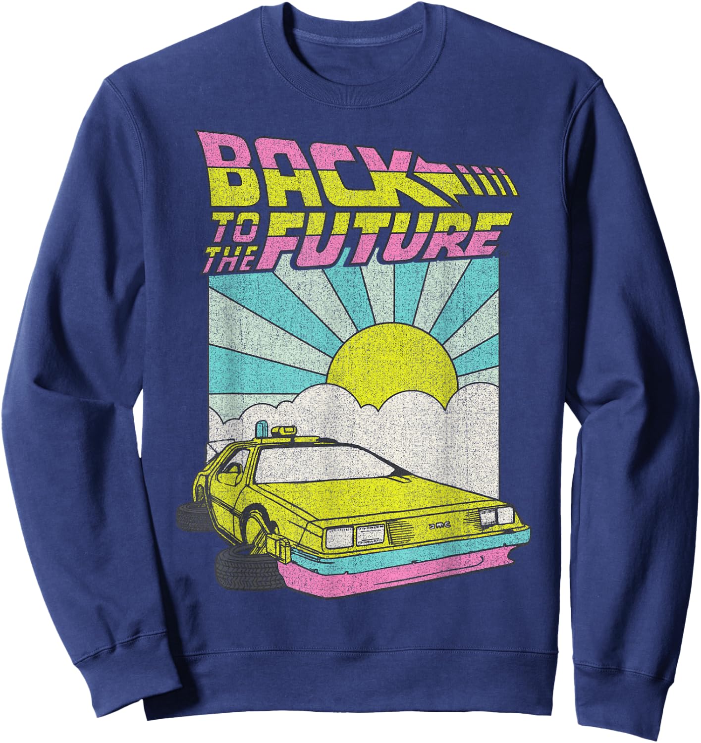 Back to The Future Delorean Sunrise Cartoon Small Sweatshirt - Sweatshirt | Navy