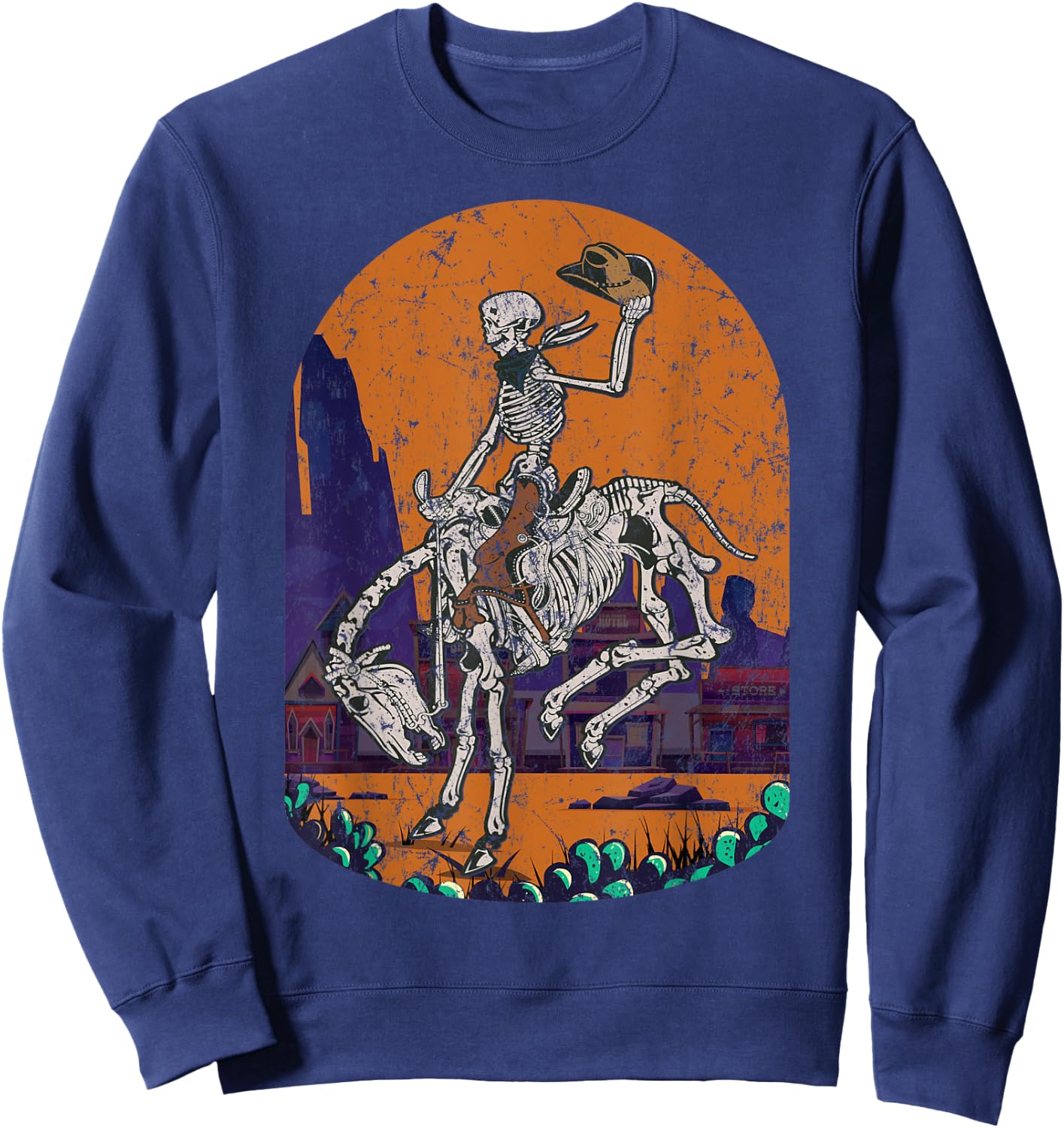 Western Country Cowgirl Cowboy Skeleton Halloween Spooky Sweatshirt - Sweatshirt | Navy