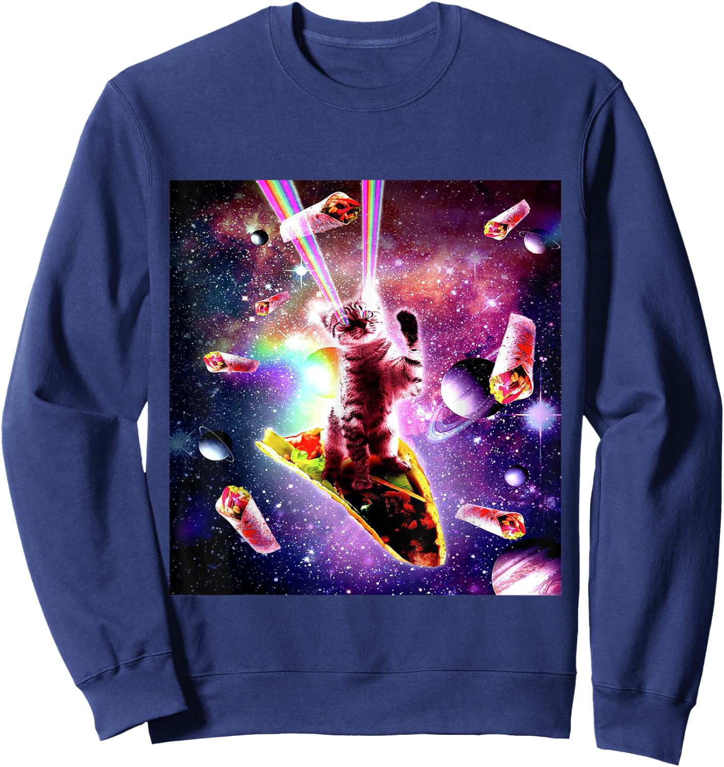 Space Cat Laser Eyes Burrito Taco Rainbow Galaxy Meme Gift Women Kids Sweatshirt - Sweatshirt | Navy