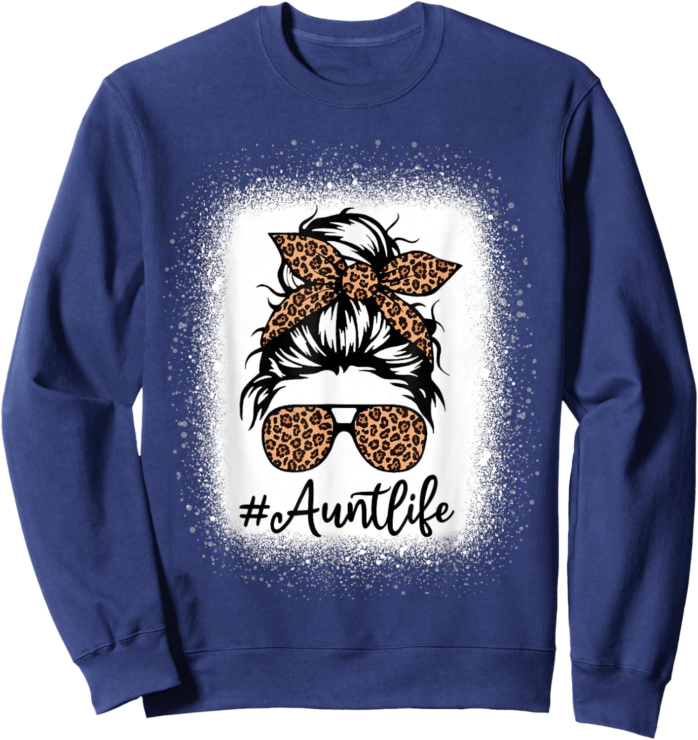 Best Aunt Life Messy Bun Leopard Bleached Auntie Mothers Day Sweatshirt - Sweatshirt | Navy