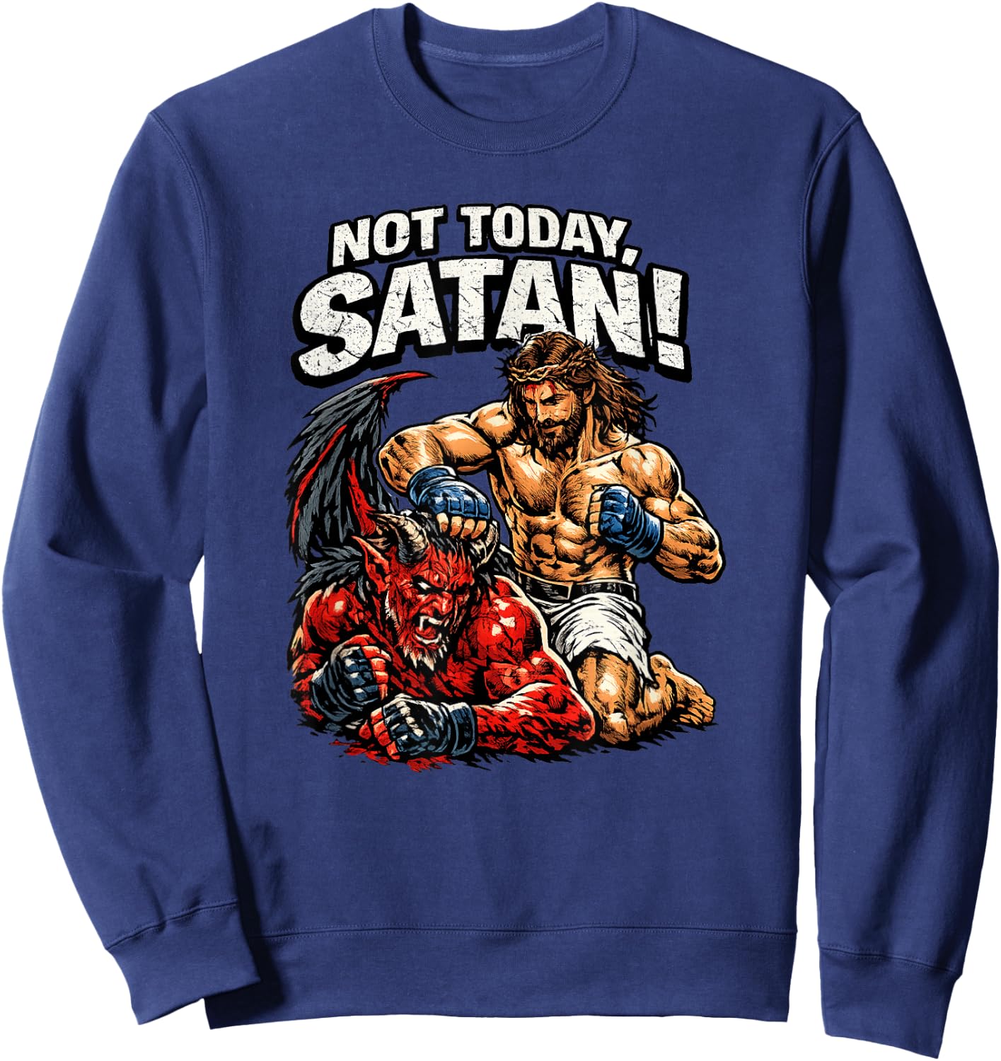 Jesus vs Devil, cage Fight, Jesus Christ Sweatshirt - Sweatshirt | Navy