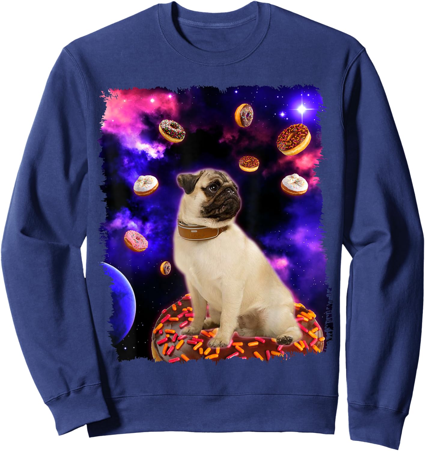 Adorable Pug in Space with Doughnuts - Pug Dog Gift Men Women Girls Kids Sweatshirt - Sweatshirt | Navy