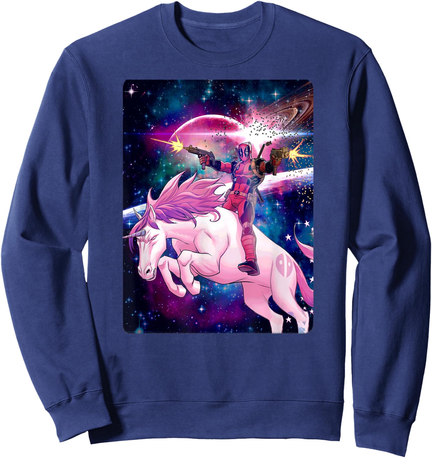 Marvel Deadpool in Space Unicorn Saddles Ablaze Sweatshirt - Sweatshirt | Navy