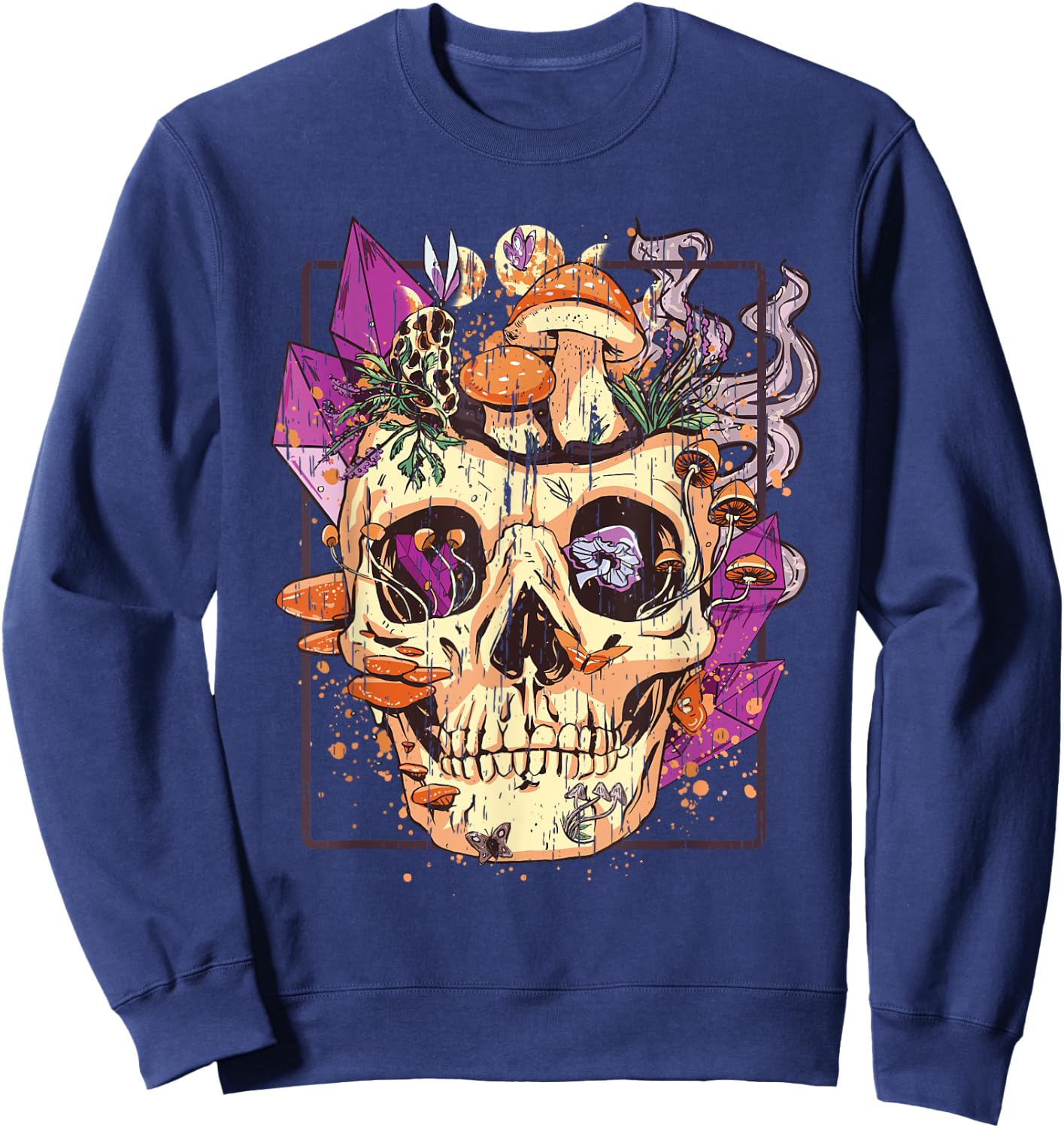 Goblincore Aesthetic. Grunge Moon Crystals Mushrooms Skull Sweatshirt - Sweatshirt | Navy