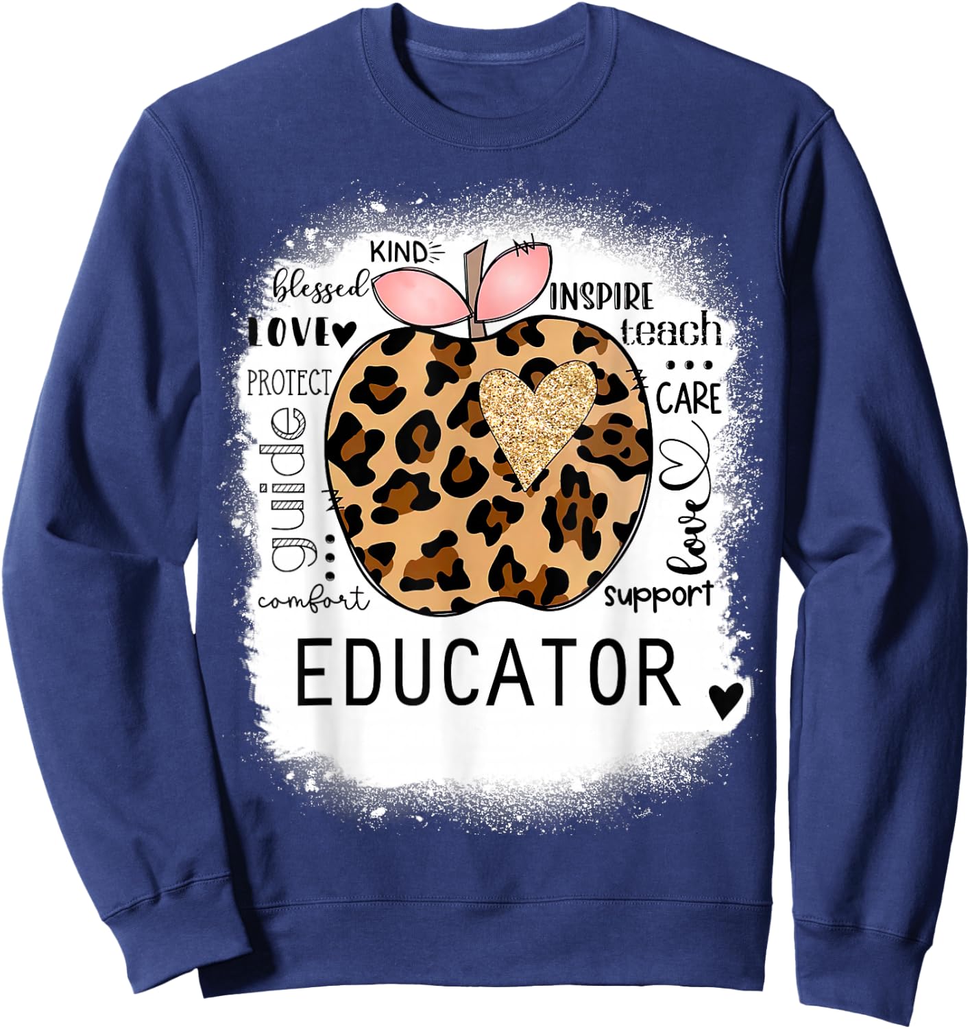 Bleached Educator, Leopard Apple, Inspire Teach, Blessed Sweatshirt - Sweatshirt | Navy