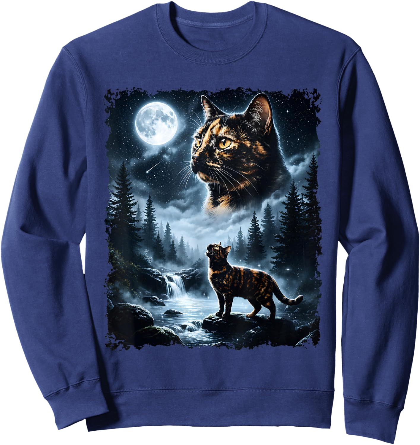 Dark Tortoiseshell Cat Howling At The Moon Halloween Cat Mom Sweatshirt - Sweatshirt | Navy