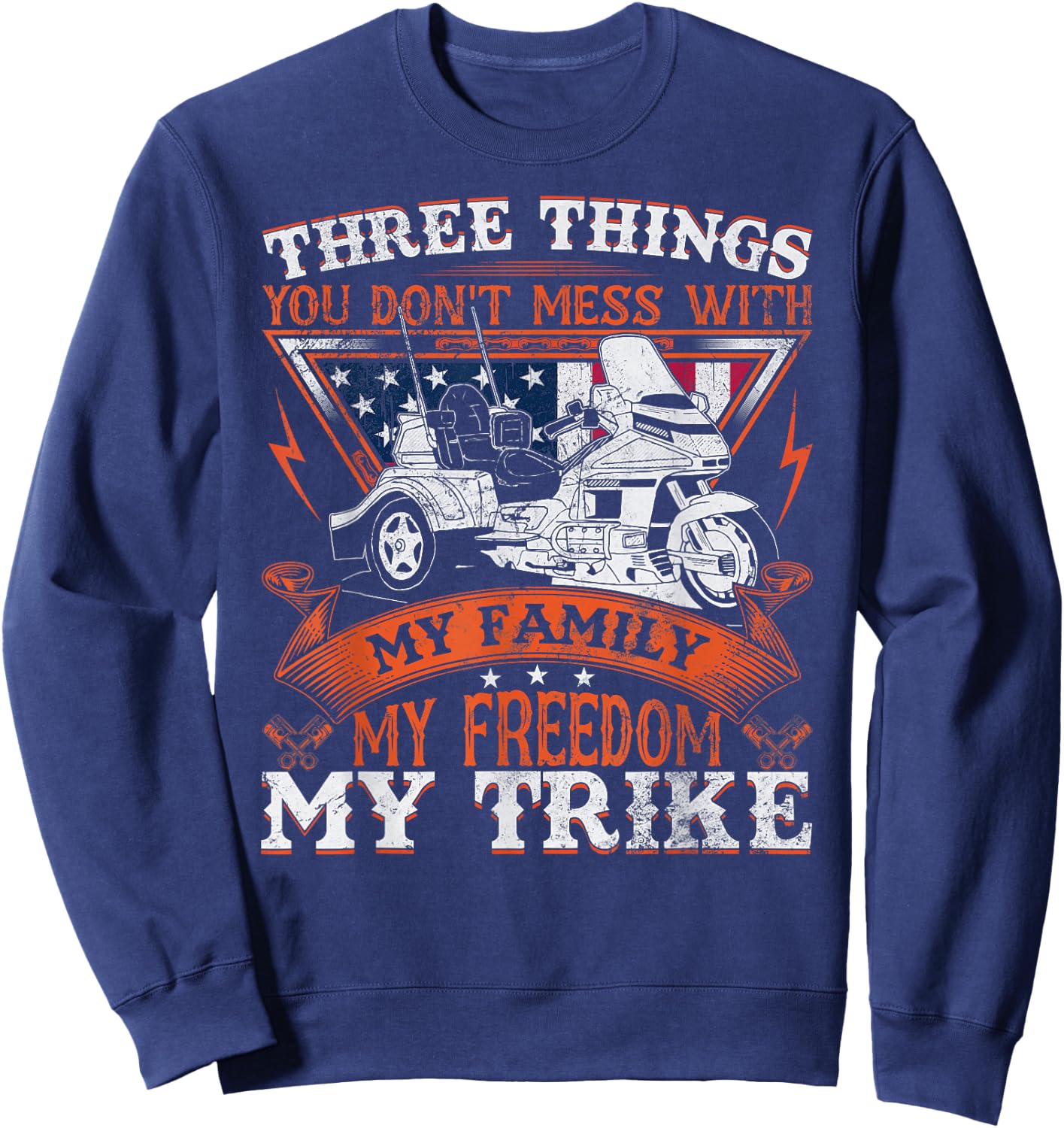 Motorcycle Trike Three Wheels American Flag Biker Rules Men Sweatshirt - Sweatshirt | Navy