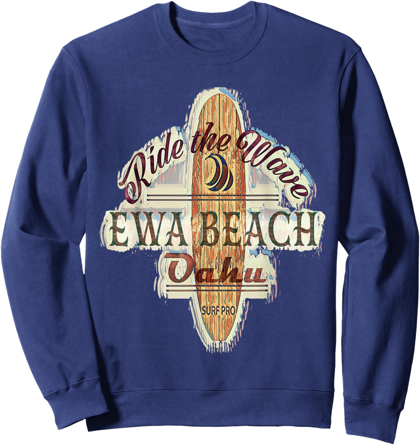 Surfing, Surfboard, Distressed Longboard Ewa Beach Oahu Women Girls Kids Sweatshirt - Sweatshirt | Navy