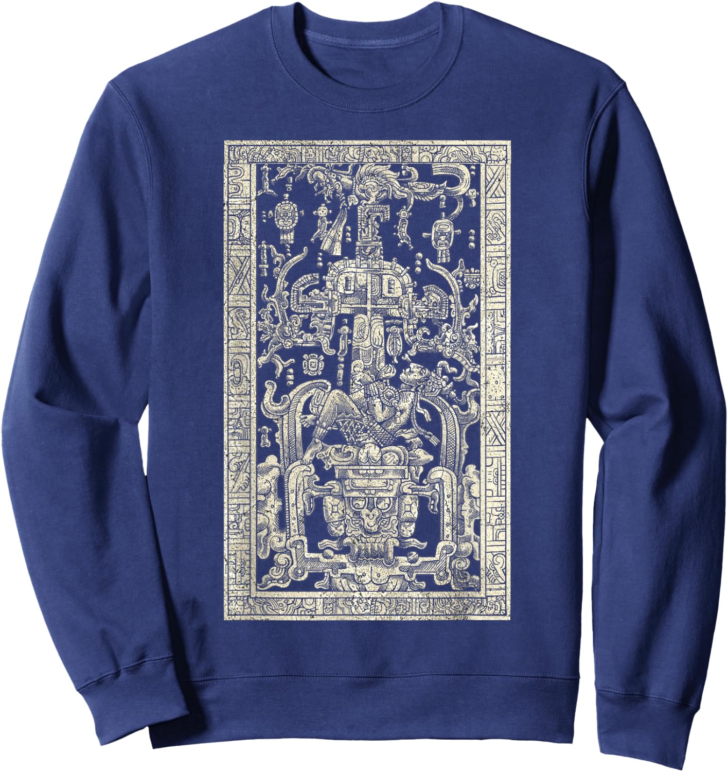 King Pakals Maya Antique Carved Spaceship Sweatshirt - Sweatshirt | Navy