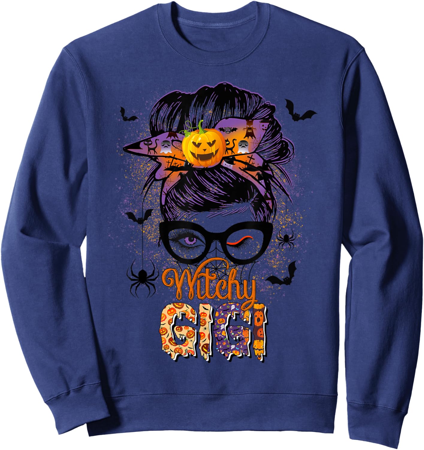 Witchy Gigi Messy Bun Spooky Witch Pumpkin Halloween Sweatshirt - Sweatshirt | Navy