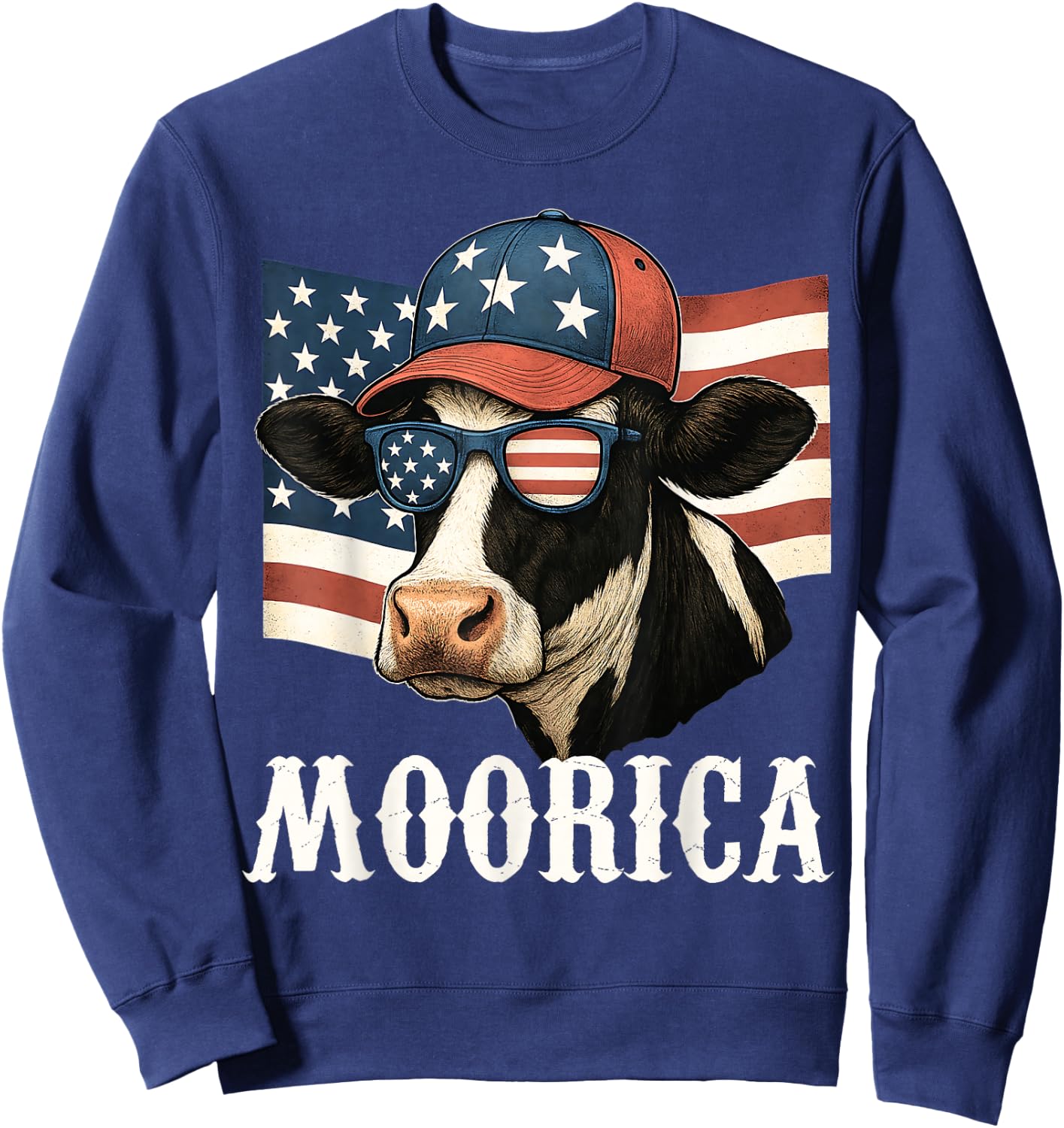 Funny Moorica 4th Of July Patriotic Cow USA Flag Farmer Sweatshirt - Sweatshirt | Navy