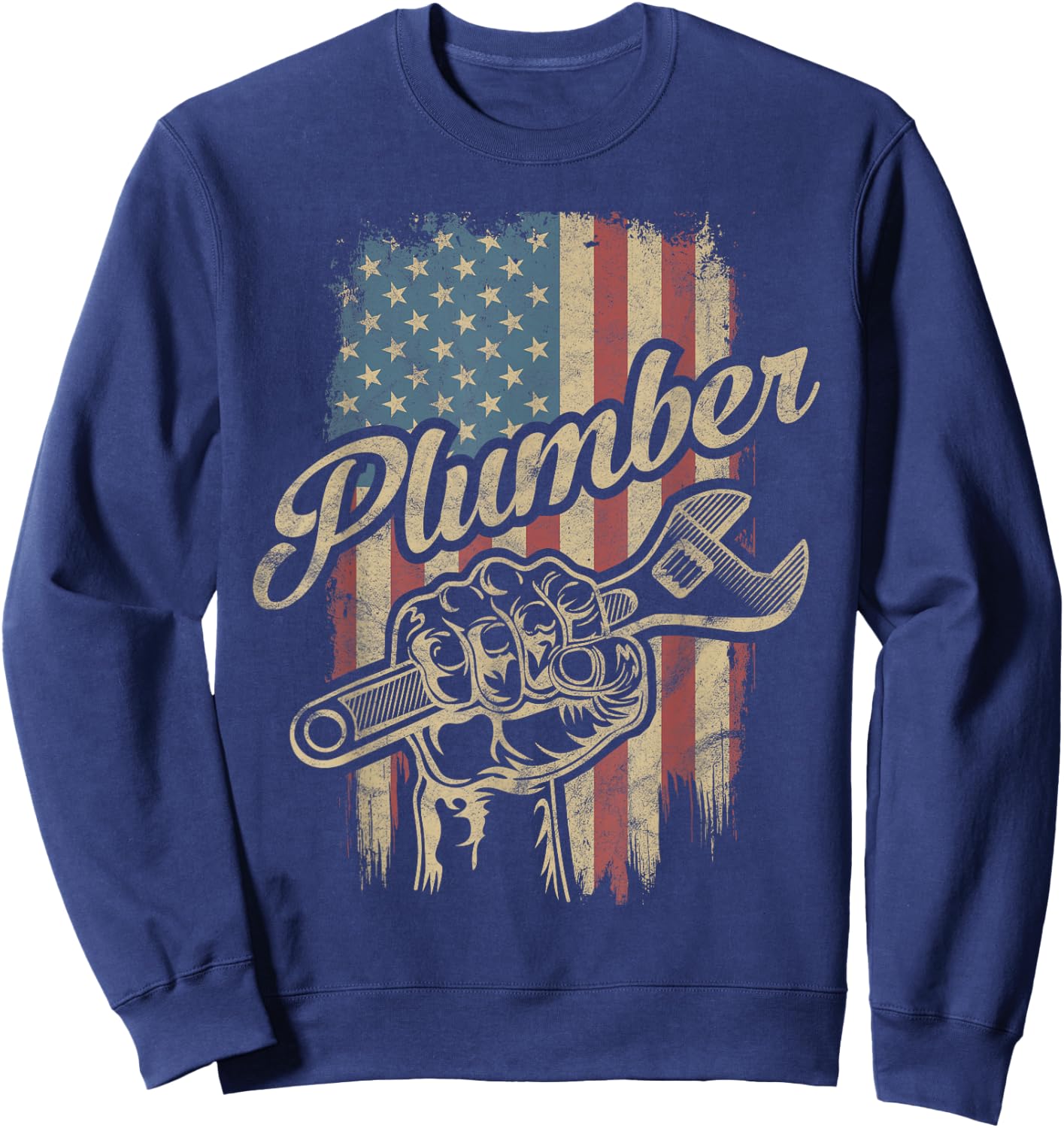 Plumber American Flag Plumbing Gift Pipe Wrench Patriotic Sweatshirt - Sweatshirt | Navy