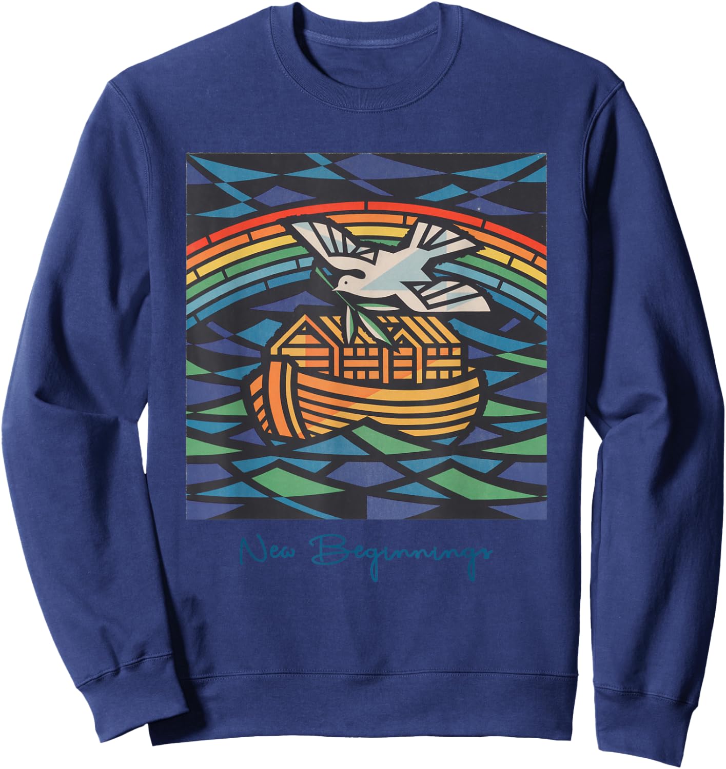 New Beginnings 1955 Noah's Ark Dove of Peace Rainbow Art Sweatshirt - Sweatshirt | Navy
