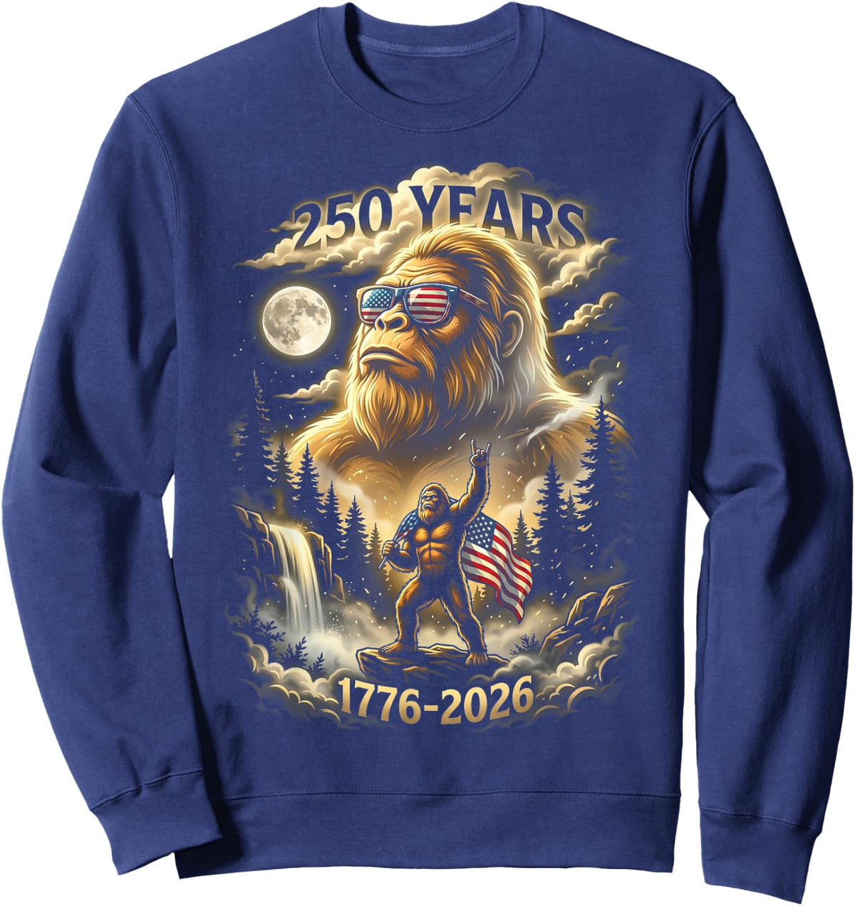 250 Years Bigfoot Howling Moon American Flag Sweatshirt - Sweatshirt | Navy