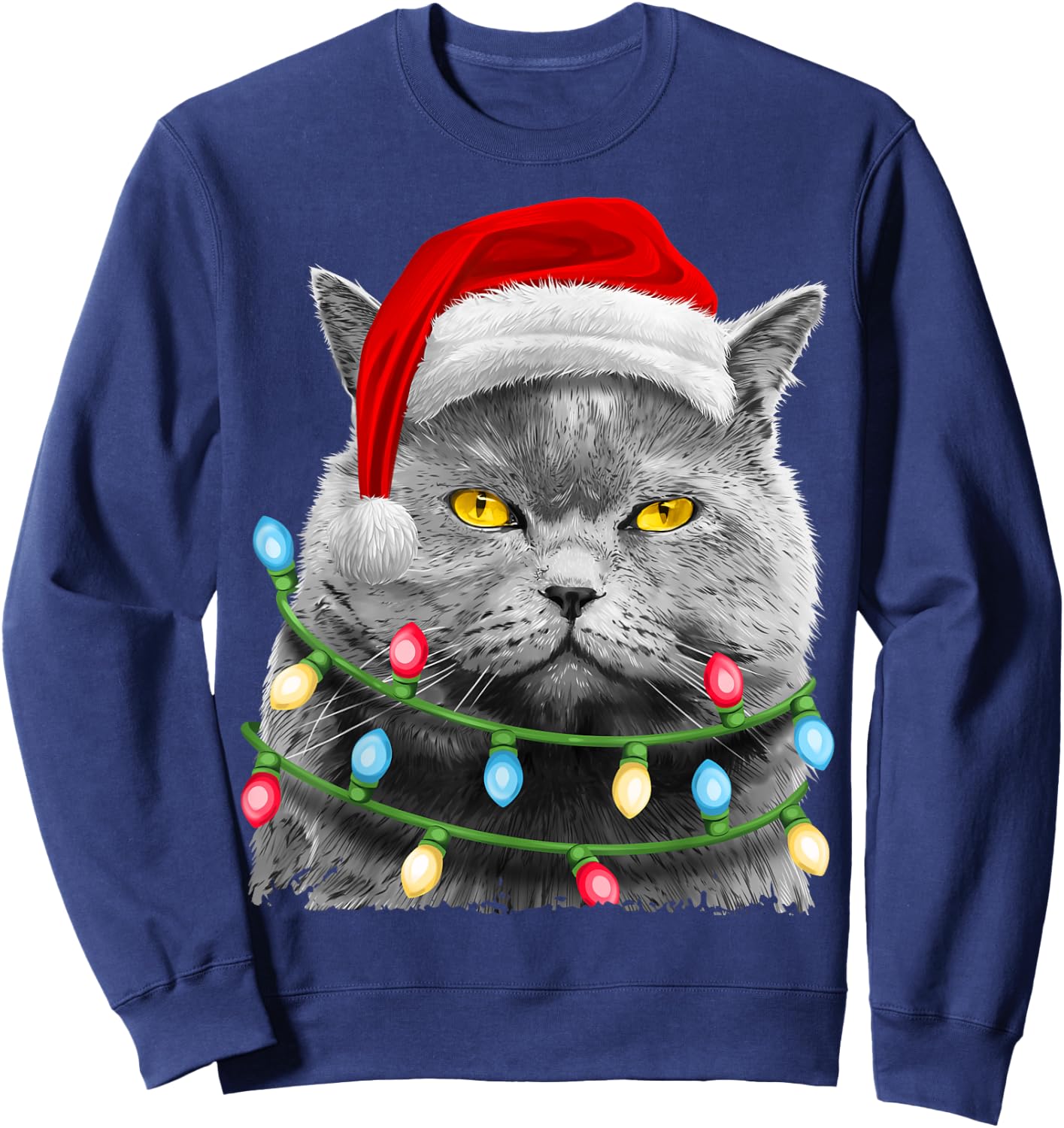 Cat Santa Christmas Tree Lights Xmas Girls Boys Meowy Catmas Sweatshirt - Sweatshirt | Navy