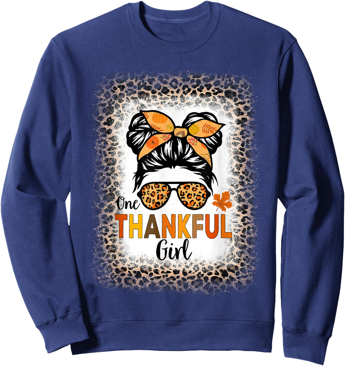 One Thankful Girl Thanksgiving Messy Bun Leopard Bleached Sweatshirt - Sweatshirt | Navy