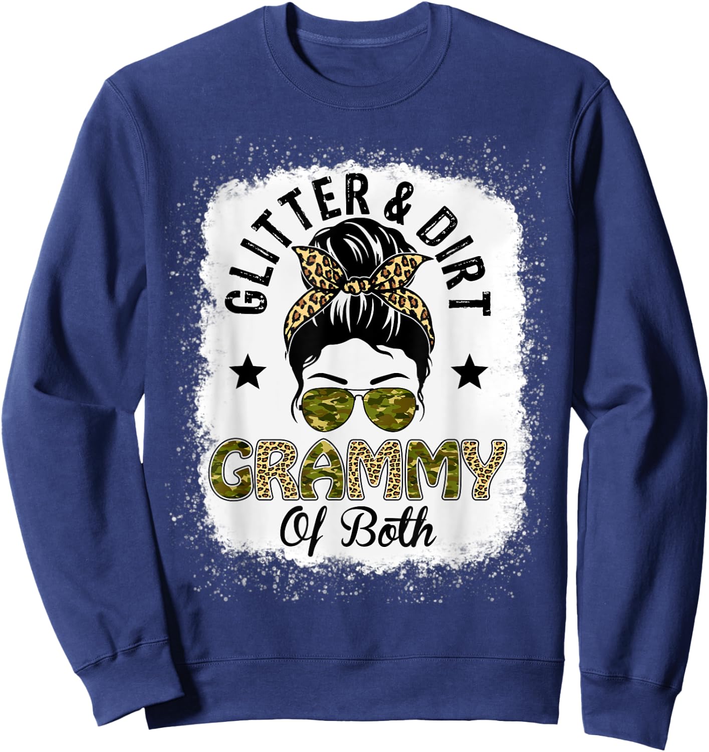 Grammy Of Both Messy Bun Leopard Camo Bleached Mother's Day Sweatshirt - Sweatshirt | Navy