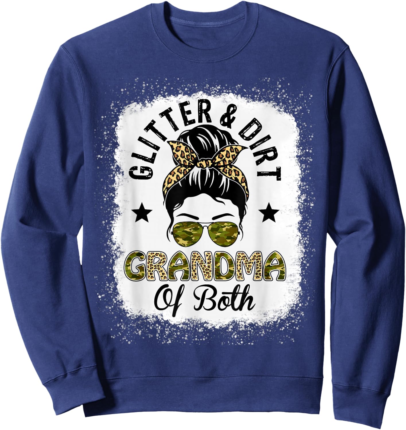 Grandma Of Both Messy Bun Leopard Camo Bleached Mother's Day Sweatshirt - Sweatshirt | Navy