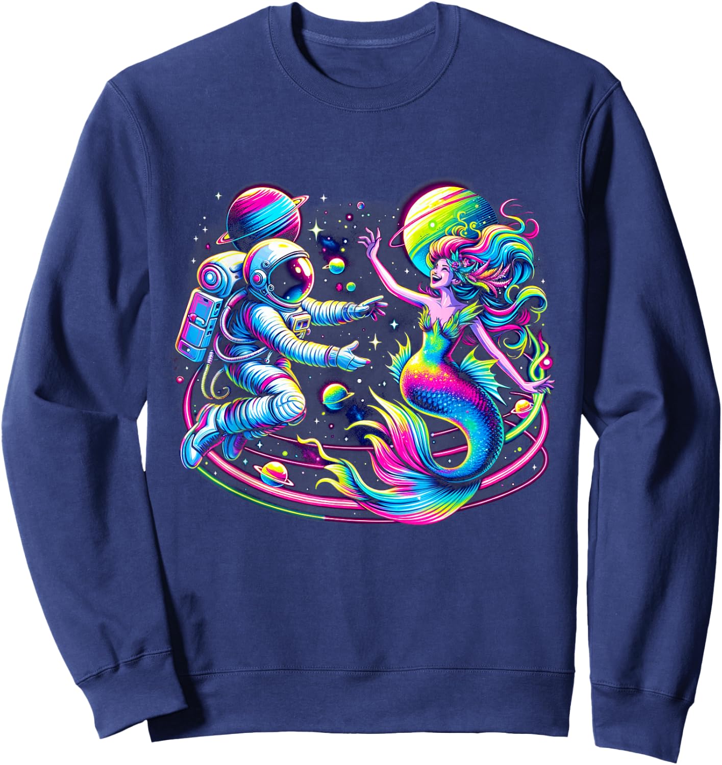 Cosmic Encounter - Astronaut Meets Space Mermaid Psychedelic Sweatshirt - Sweatshirt | Navy