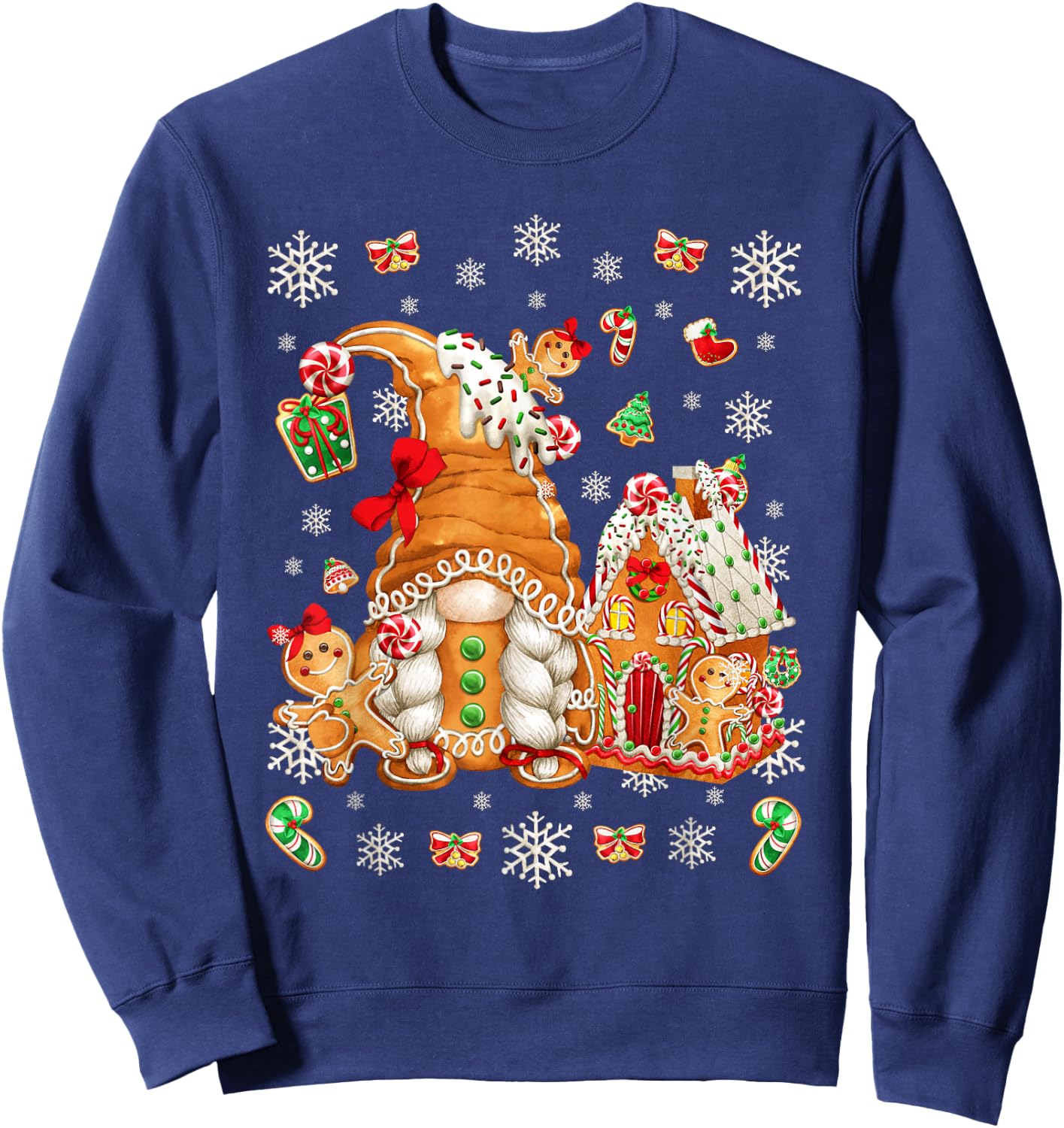 Cute Gingerbread House Decor with Christmas Gnome Sweatshirt - Sweatshirt | Navy