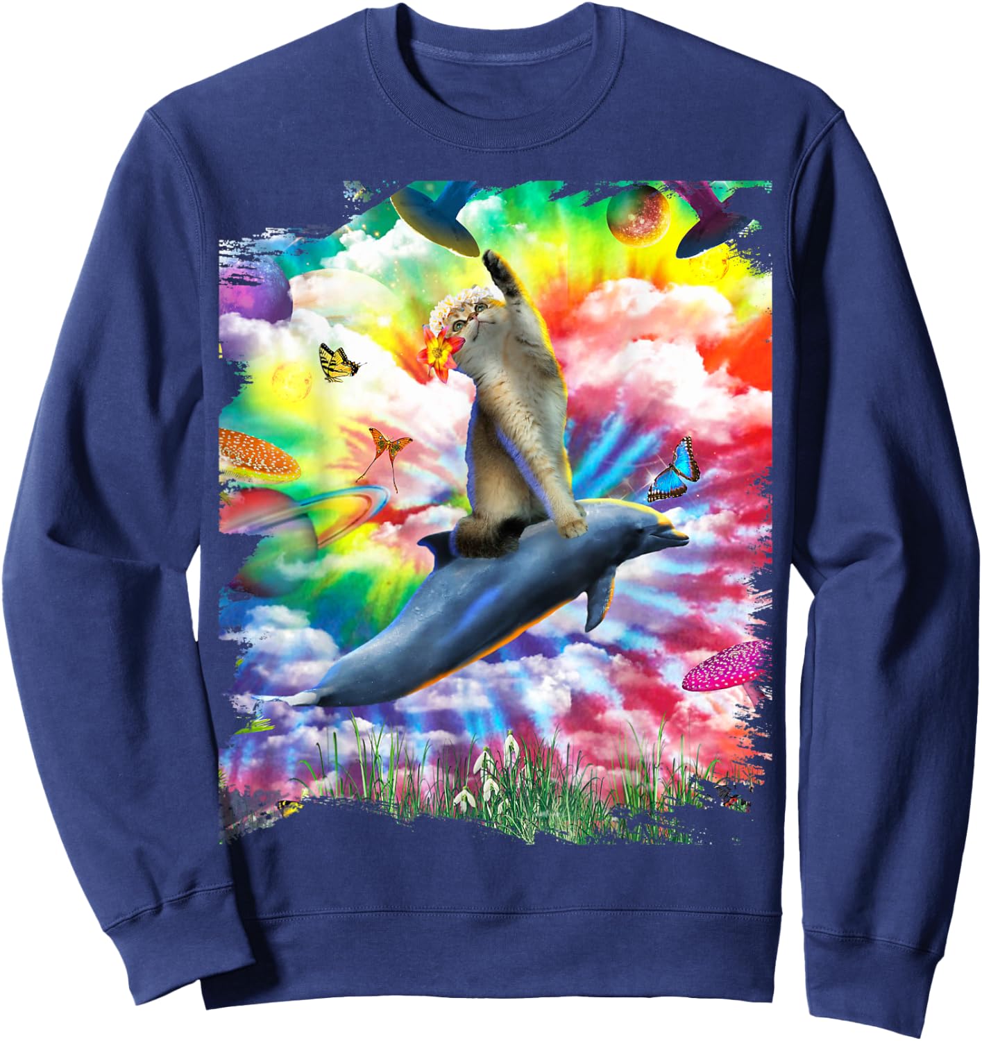 Cat Riding Dolphin Trippy Tie Dye Sweatshirt - Sweatshirt | Navy