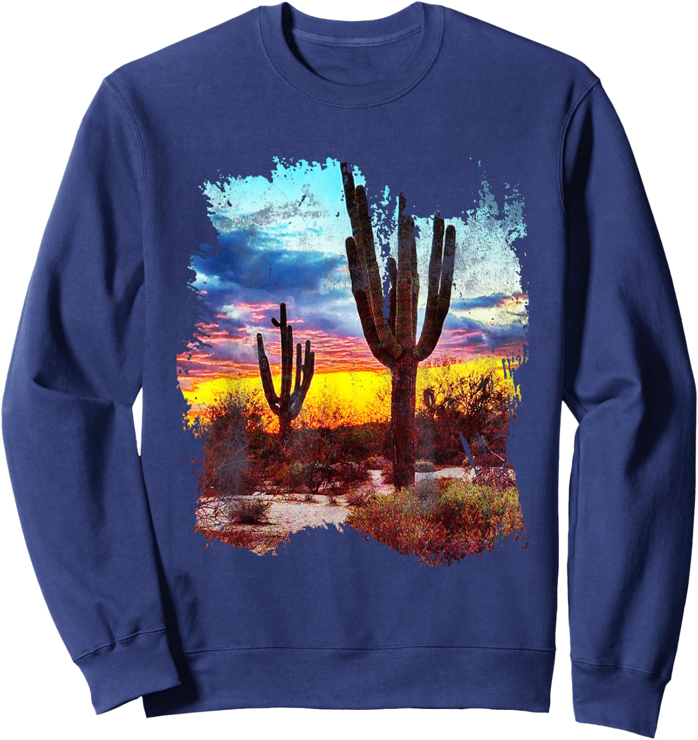 Southwest Desert Cactus Vintage Sunset Scene 80's Western Sweatshirt - Sweatshirt | Navy