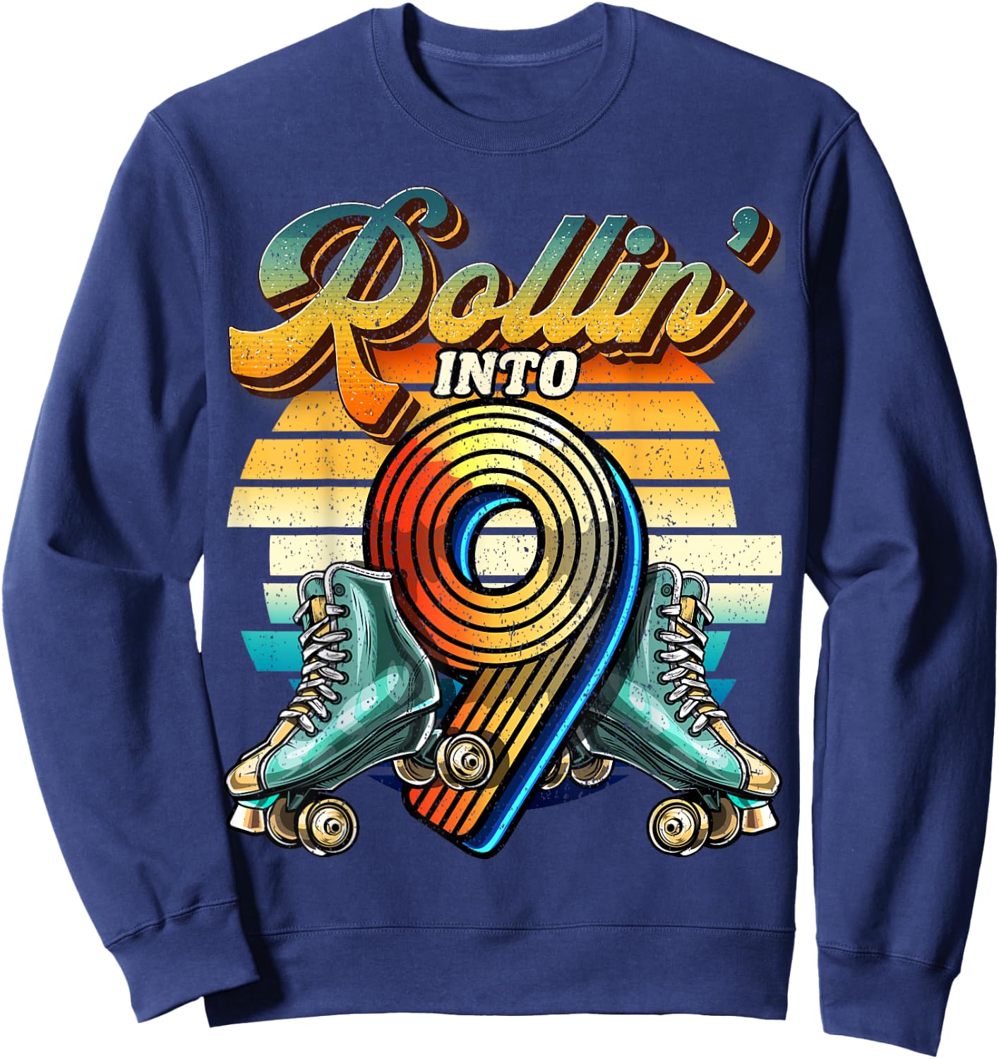 Rollin' into 9 Roller Skating Rink 9th Birthday Party Girls Sweatshirt - Sweatshirt | Navy